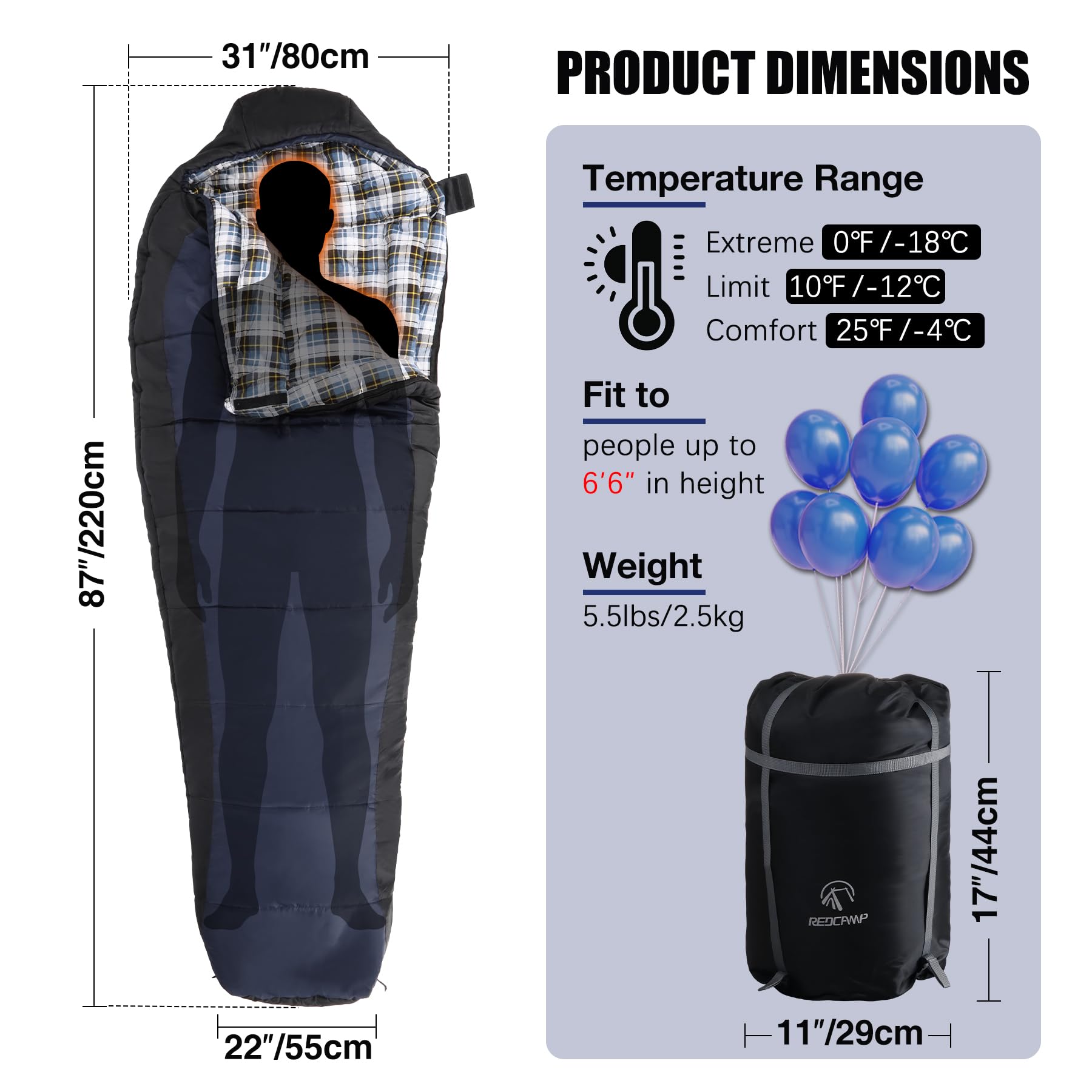 Mummy sleeping bag dimensions and packed size diagram