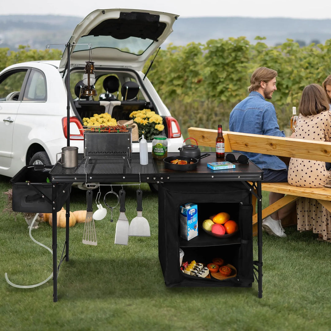 Mesa de cocina portátil para acampar con organizador de almacenamiento para exteriores