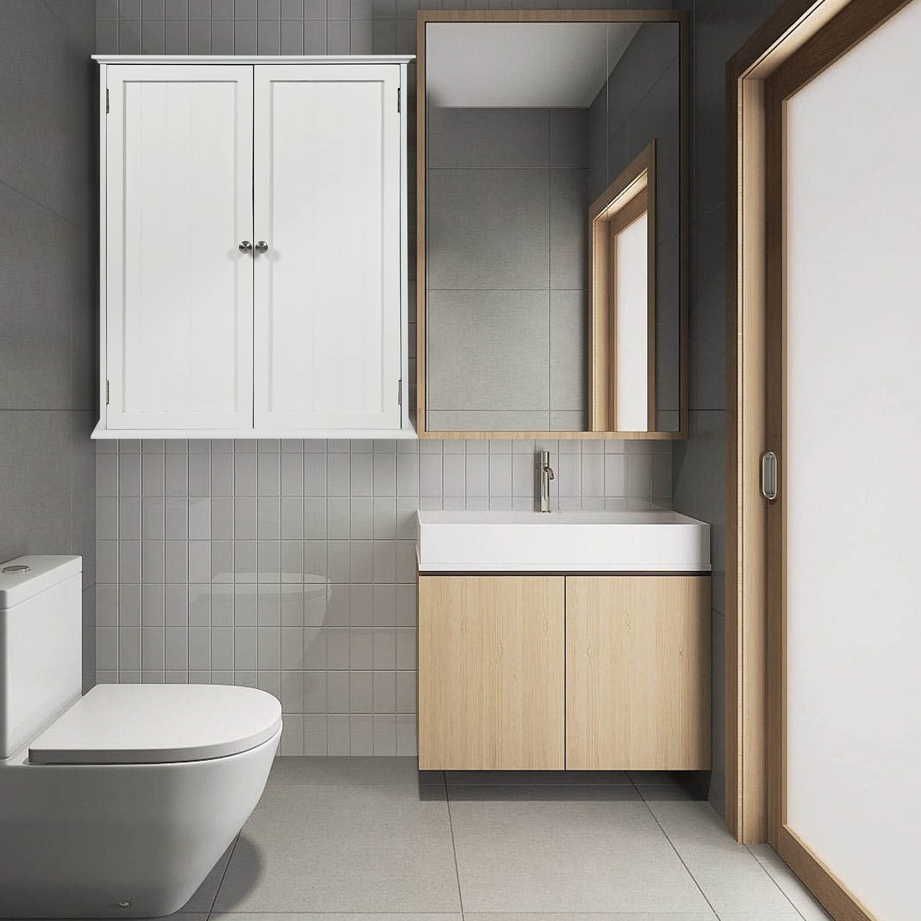 White REDCAMP bathroom wall cabinet mounted above a toilet with double doors closed