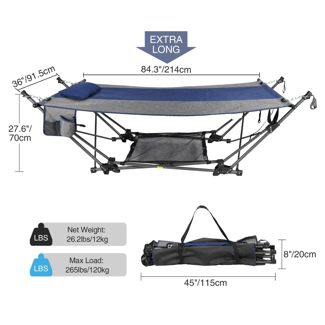 Camping Hammock with Stand, XXL Portable Hammock with Removable Pillow and Storage Net, Foldable Heavy Duty Steel Frame Space Saving for Indoor Outdoor Backyard Beach Garden
