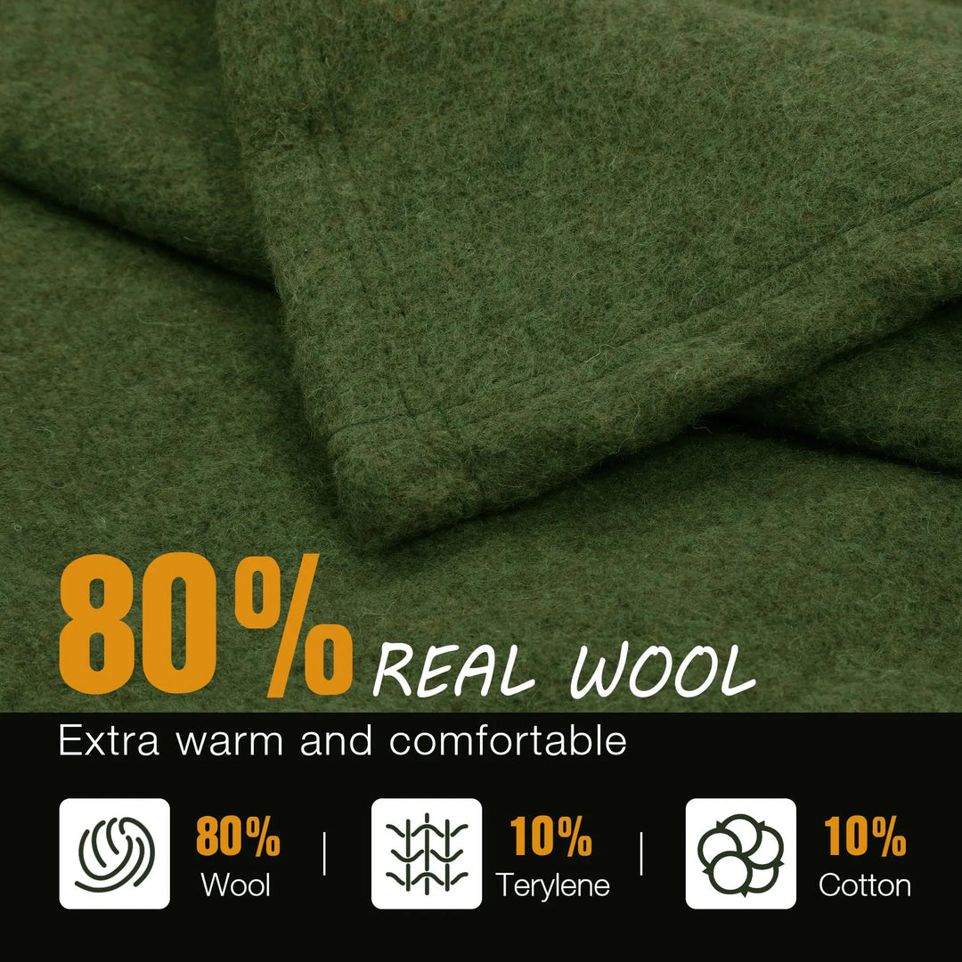 Wool Blanket, Warm and Thick Wool Camping Blanket- Great for Outdoors, Camping, Stadium Blanket, Picnics, Travel and Car, Machine Washable 86"x 63" Green