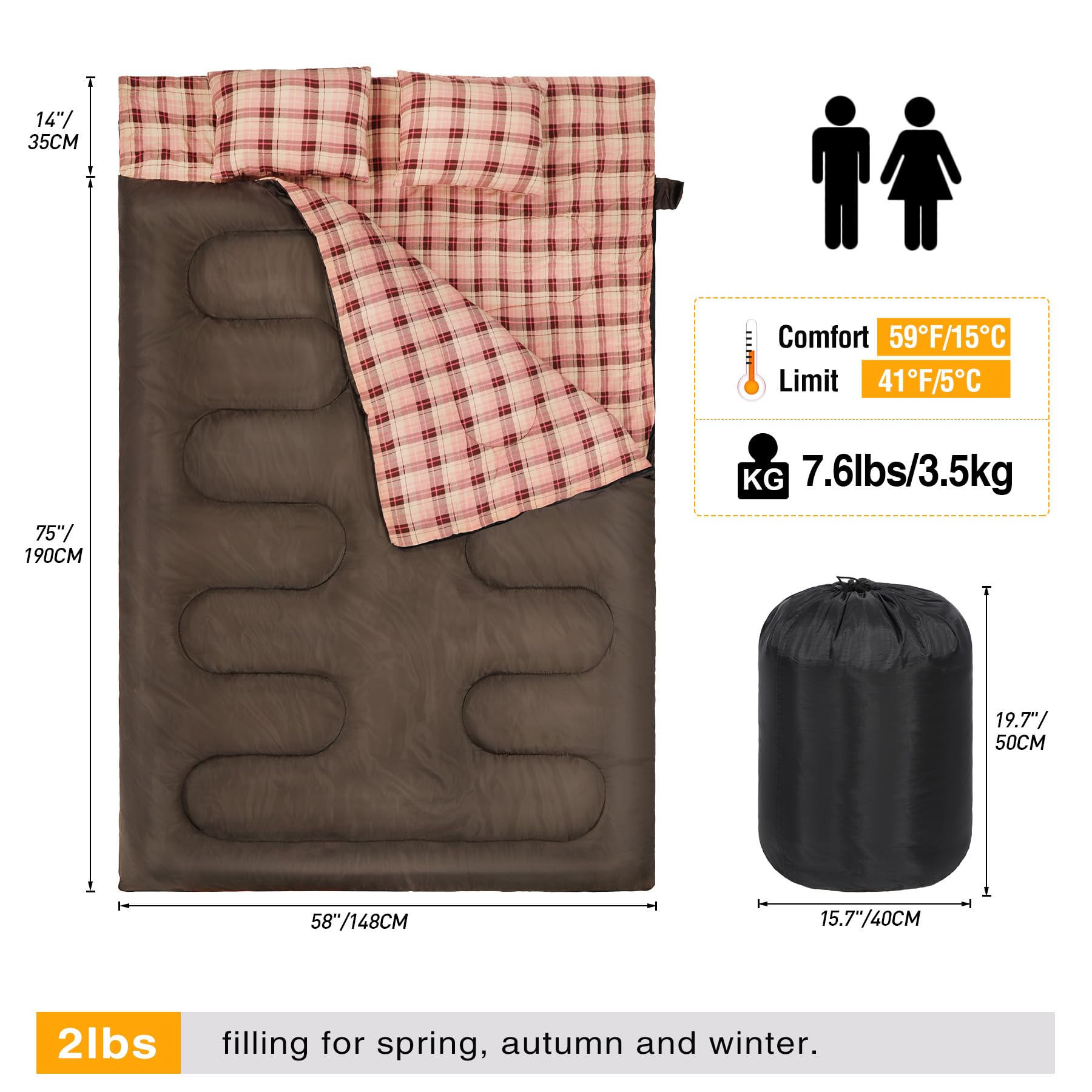 REDCAMP Double Sleeping Bag for Adults with Pillows , XXL Queen Size Two Person Flannel Sleeping Bag for All Season Couples Family Camping Hiking Backpacking