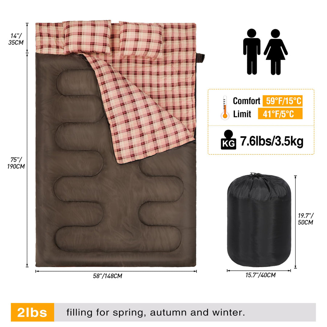 REDCAMP Double Sleeping Bag for Adults with Pillows , XXL Queen Size Two Person Flannel Sleeping Bag for All Season Couples Family Camping Hiking Backpacking