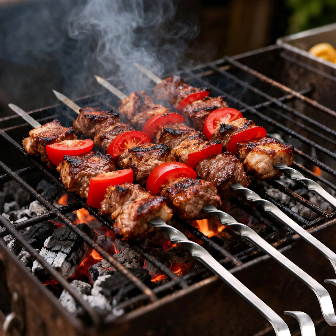 14" Flat Stainless Steel Kabob Skewers with Storage Tube
