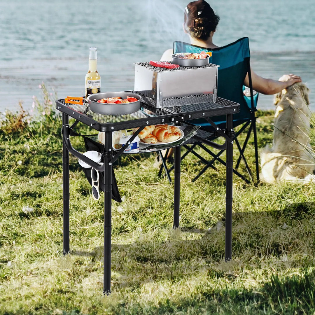 Folding Grill Table with Extra Space, Adjustable Height Portable Small Stand Table for Outdoor Indoor Camping Picnic BBQ, Black with Side Table