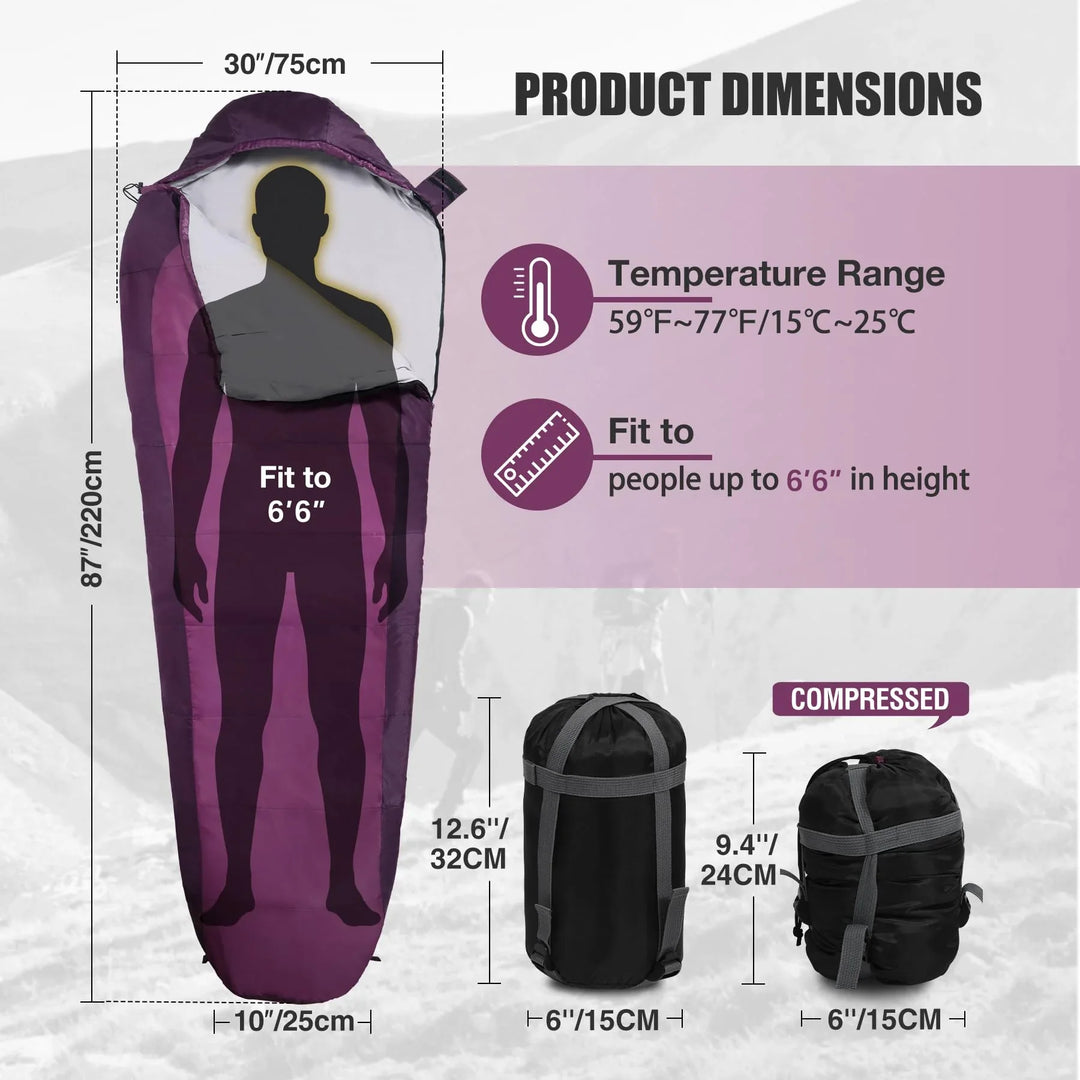 Ultra Lightweight Sleeping Bag for Backpacking, Hiking, Comfort for Adults Warm Weather, with Compression Sack