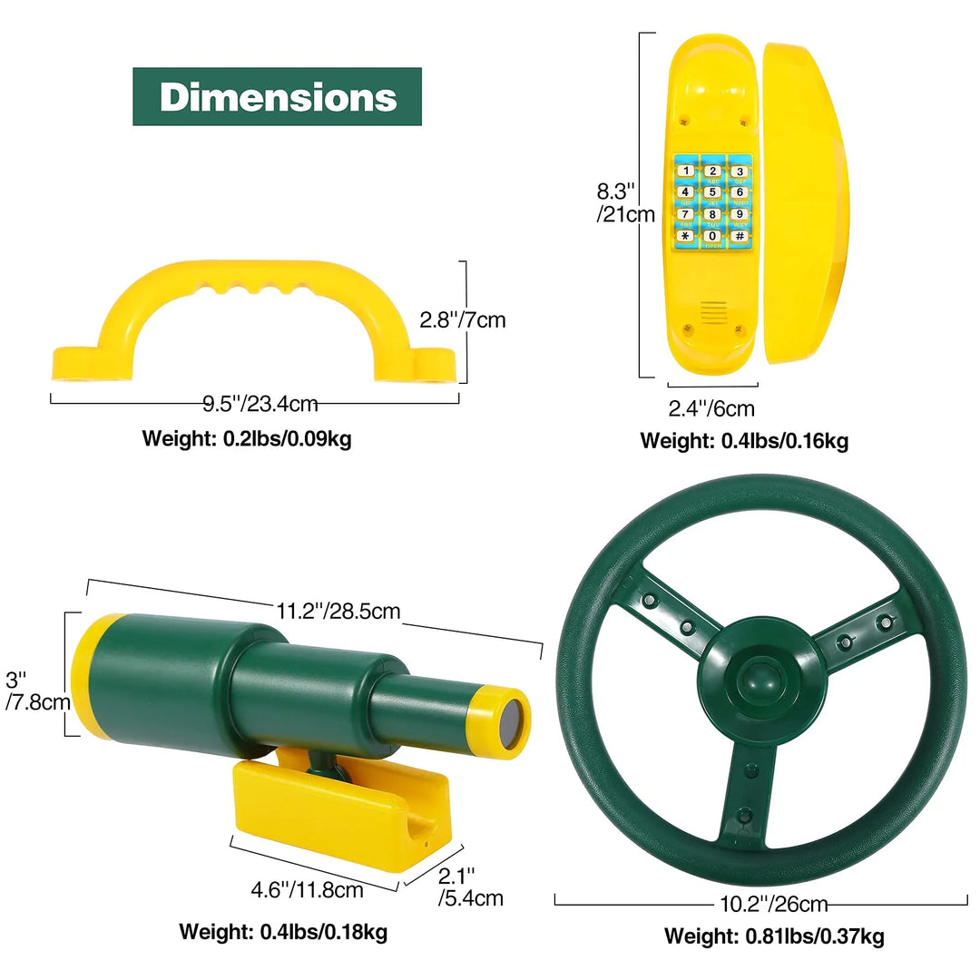 Playground Accessories for Kids, Outdoor Swingset Attachments with Pirate Ship Wheel, Toy Telescope, Telephone and Safety Handles (Yellow and Green)