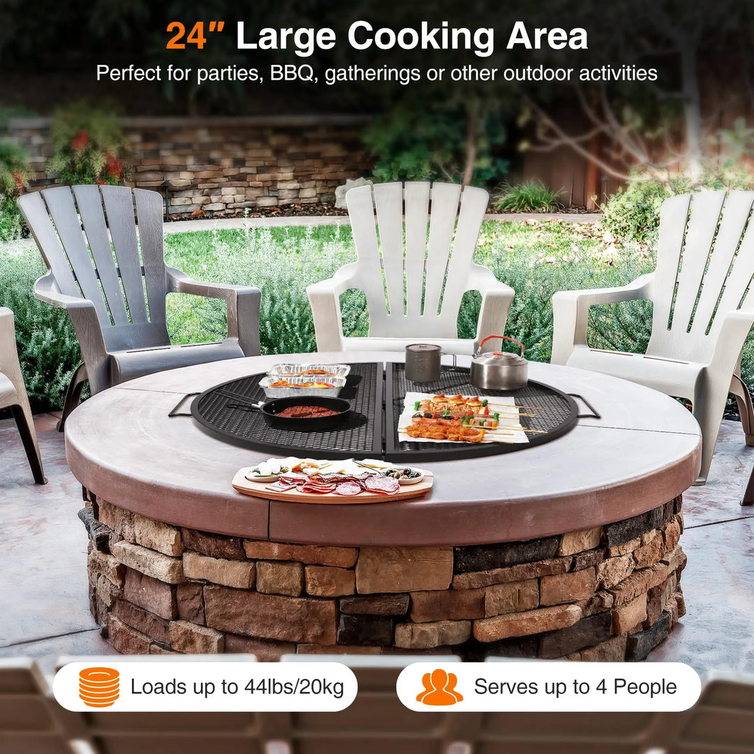 X-Marks Fire Pit Cooking Grill Grates Portable, Heavy Duty Folding Round Campfire Grill Grate, Firepit Grill Grate with Handles for Outdoor BBQ Picnic, Black 24 Inch