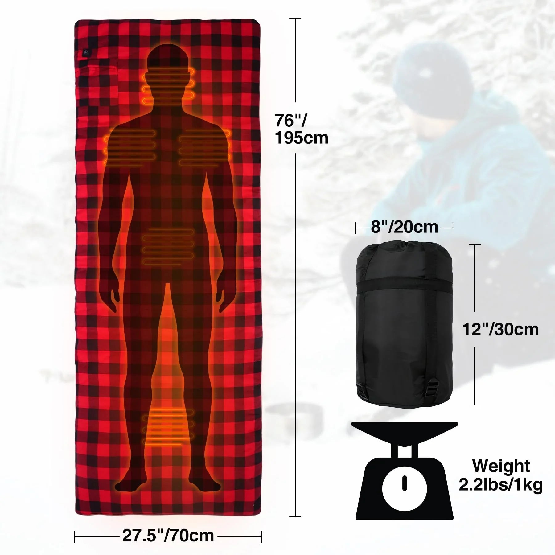 Heated Sleeping Bag Pad, Heated Sleeping Bag Liner, 5 Heating Zones, 3 Adjustable Heat Settings USB Heating Pad for Cold Weather Camping Backpacking or Hiking, Red