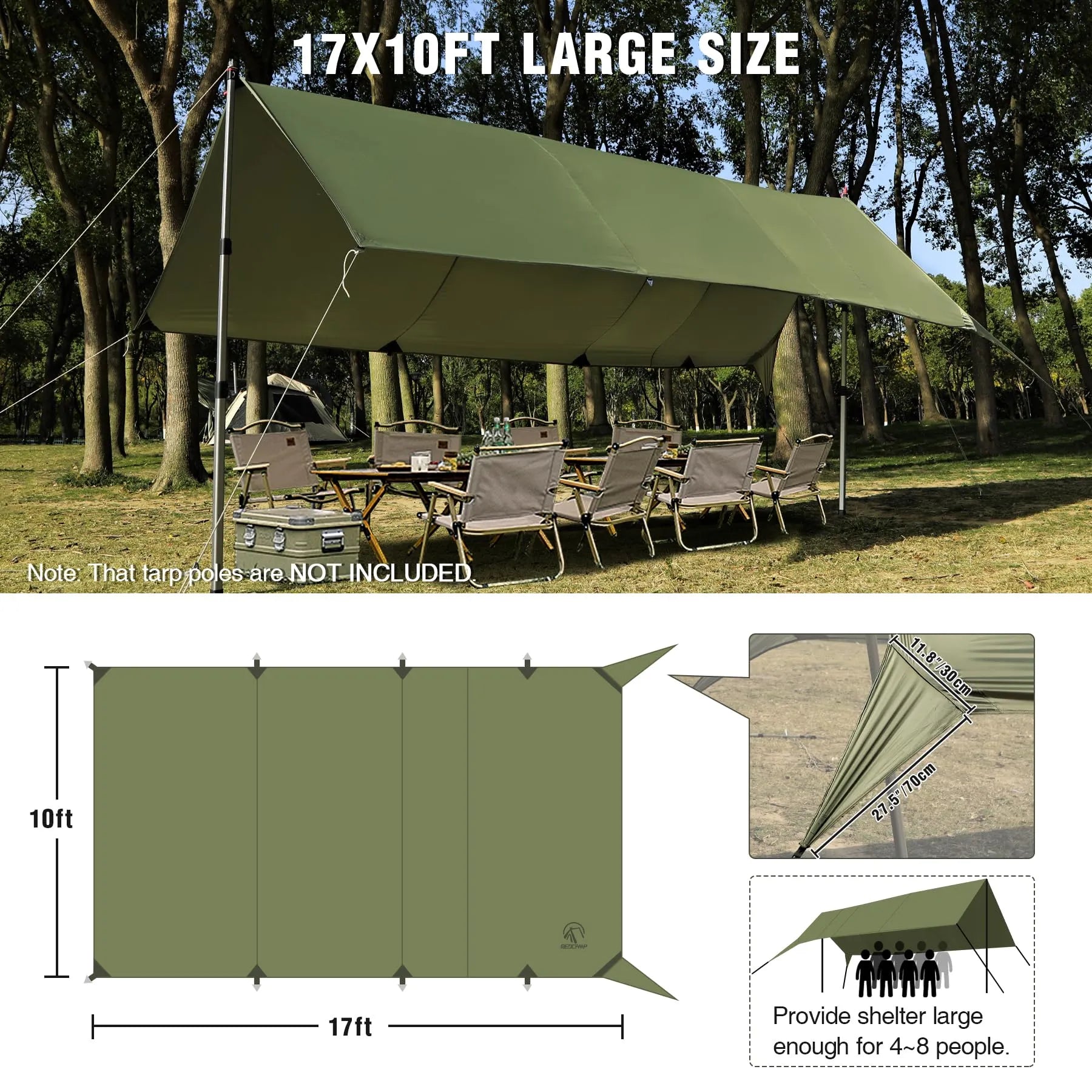 REDCAMP 10×17 ft Waterproof Camping Tarp, Hammock Rain Fly for Hiking Green with 36-70