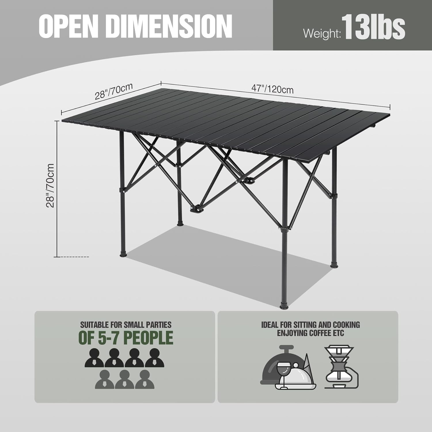 Roll Up Camping Tables That Fold Up, Lightweight Portable Compact Metal Camp Table for Grill Outdoor Picnic, Black Long 47x28