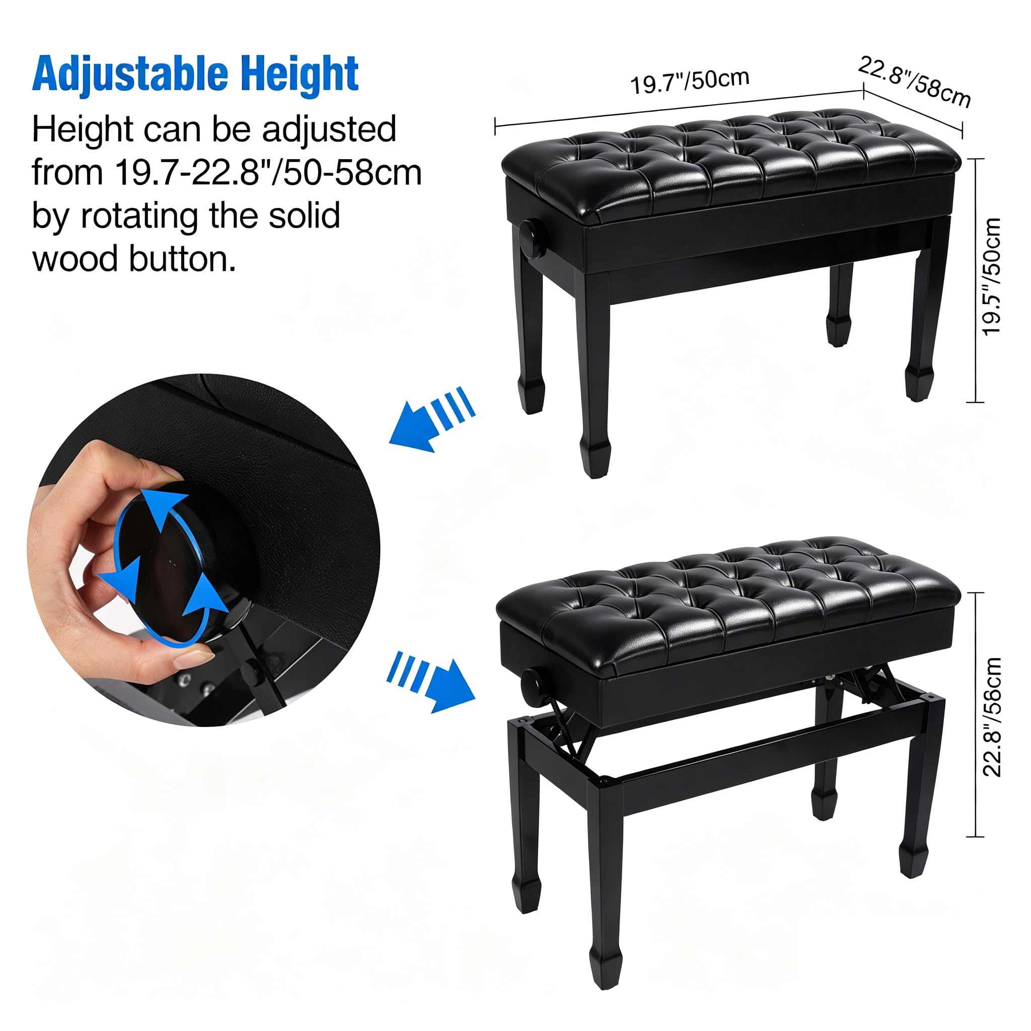 Adjustable Double Piano Bench with Storage