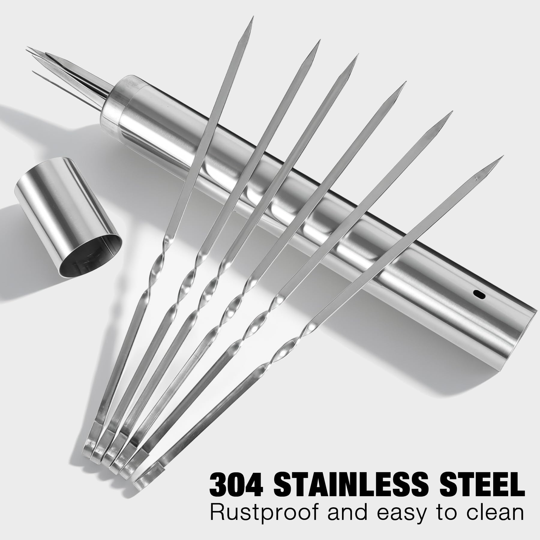 14" Flat Stainless Steel Kabob Skewers with Storage Tube
