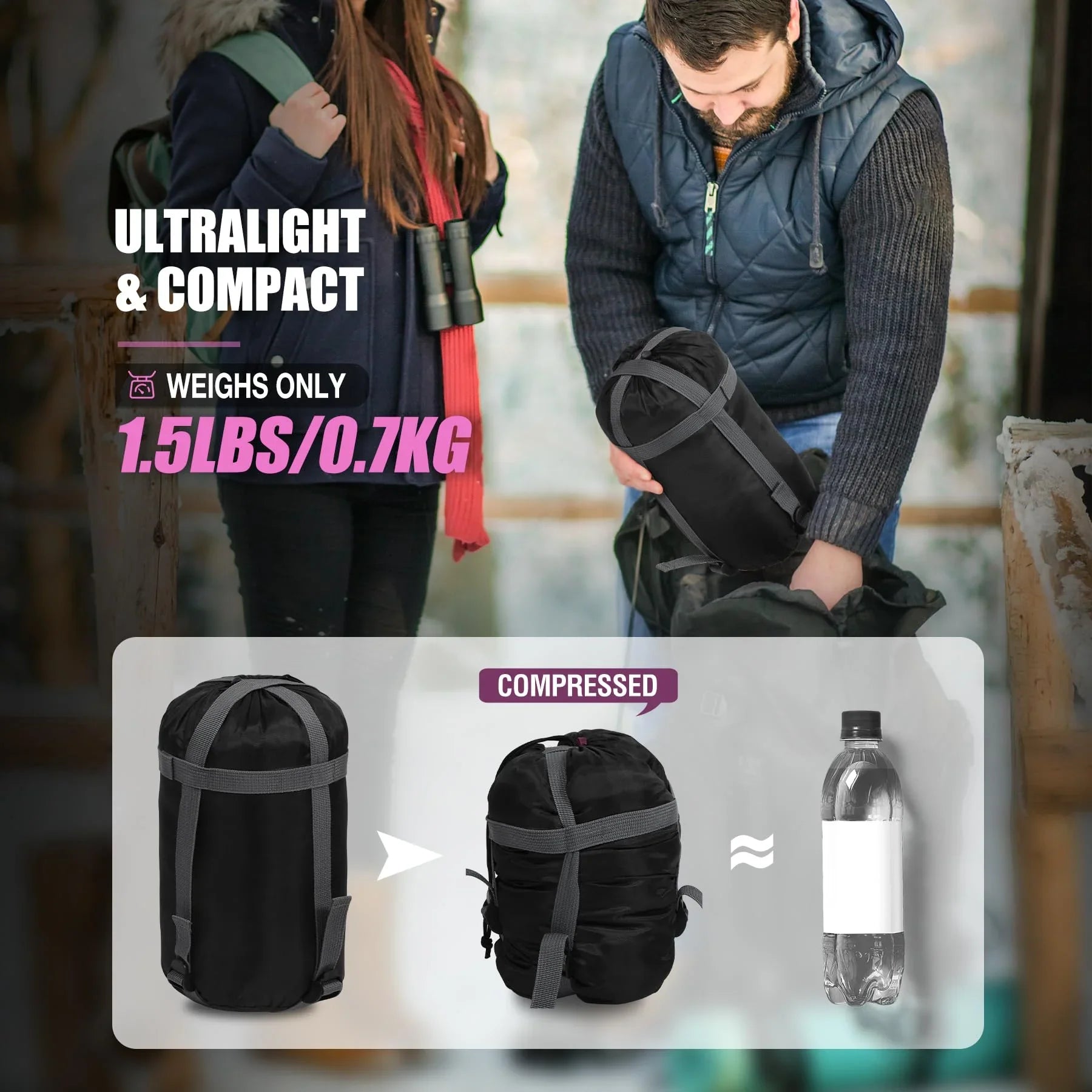 Ultra Lightweight Sleeping Bag for Backpacking, Hiking, Comfort for Adults Warm Weather, with Compression Sack