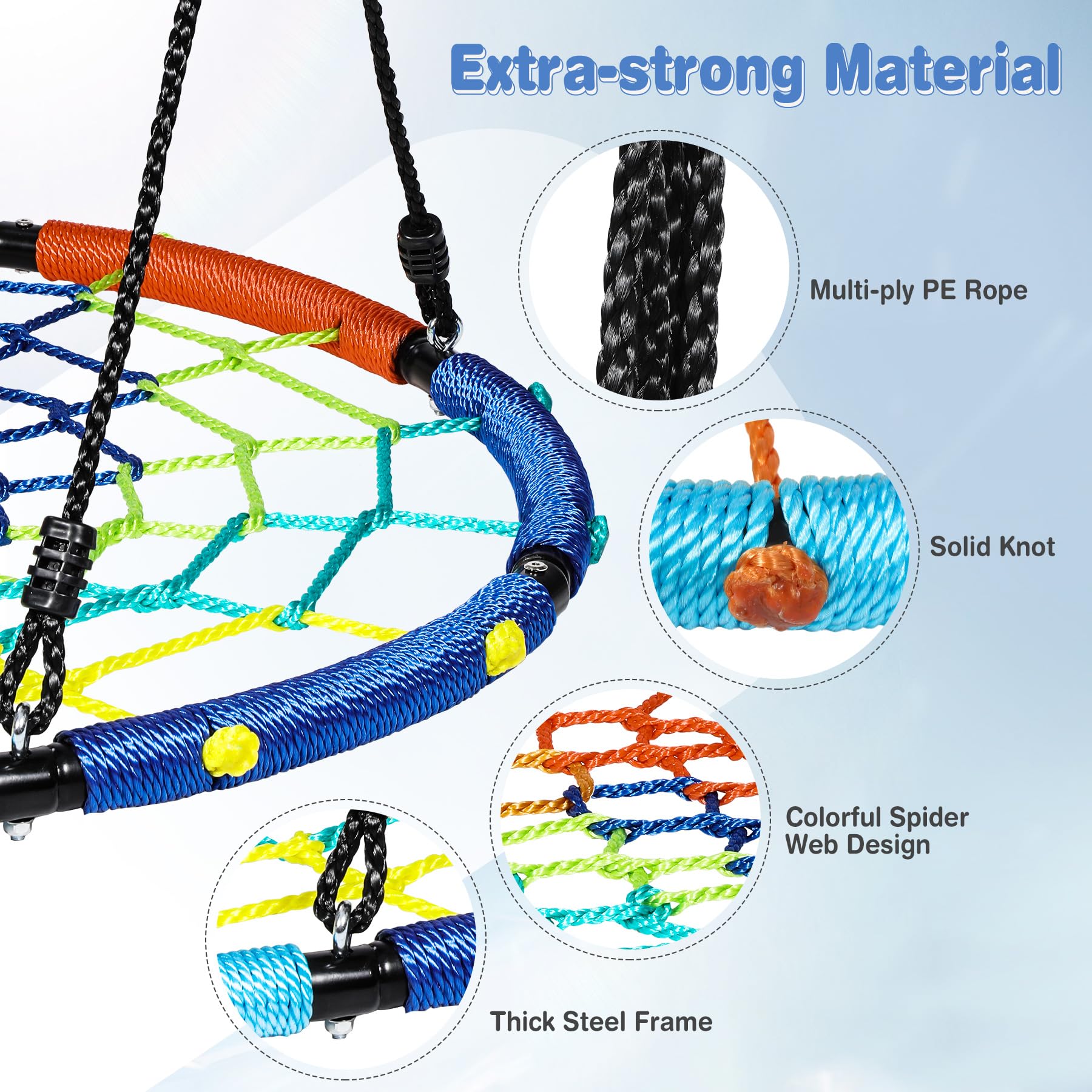 40" Spider Web Swing for Kids Outdoor, Rope Round Flying Web Swing for Tree with Hanging Straps for Playground Backyard, Heavy Duty Capacity 750lbs, Rainbow