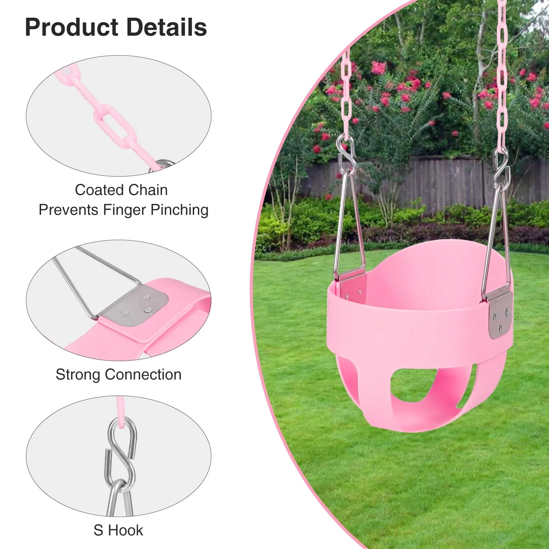 High Back Full Bucket Swing with Heavy Duty Swing Seat Combo Pack (Triangle and Chain Dip), Tree Straps Included, Pink