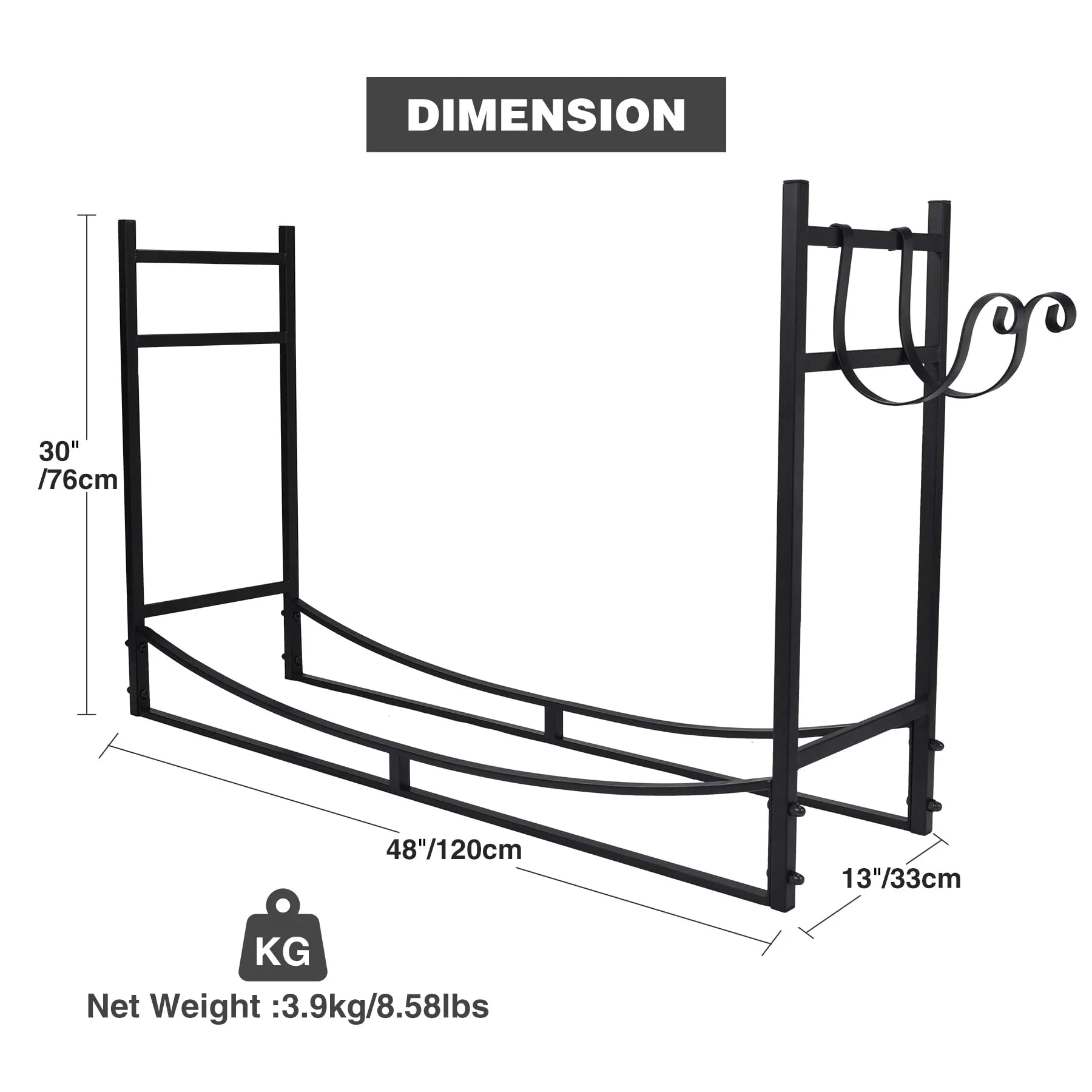 4FT Heavy Duty Firewood Rack Outdoor Indoor, Steel Log Holder Wood Storage Stand with Kindling Hooks for Fireplace Fire Pit Porch Backyard Black