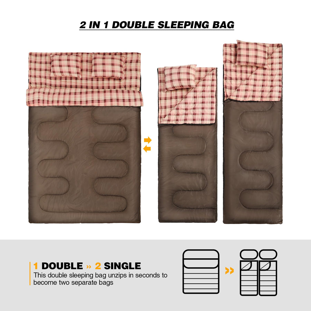 REDCAMP Double Sleeping Bag for Adults with Pillows , XXL Queen Size Two Person Flannel Sleeping Bag for All Season Couples Family Camping Hiking Backpacking