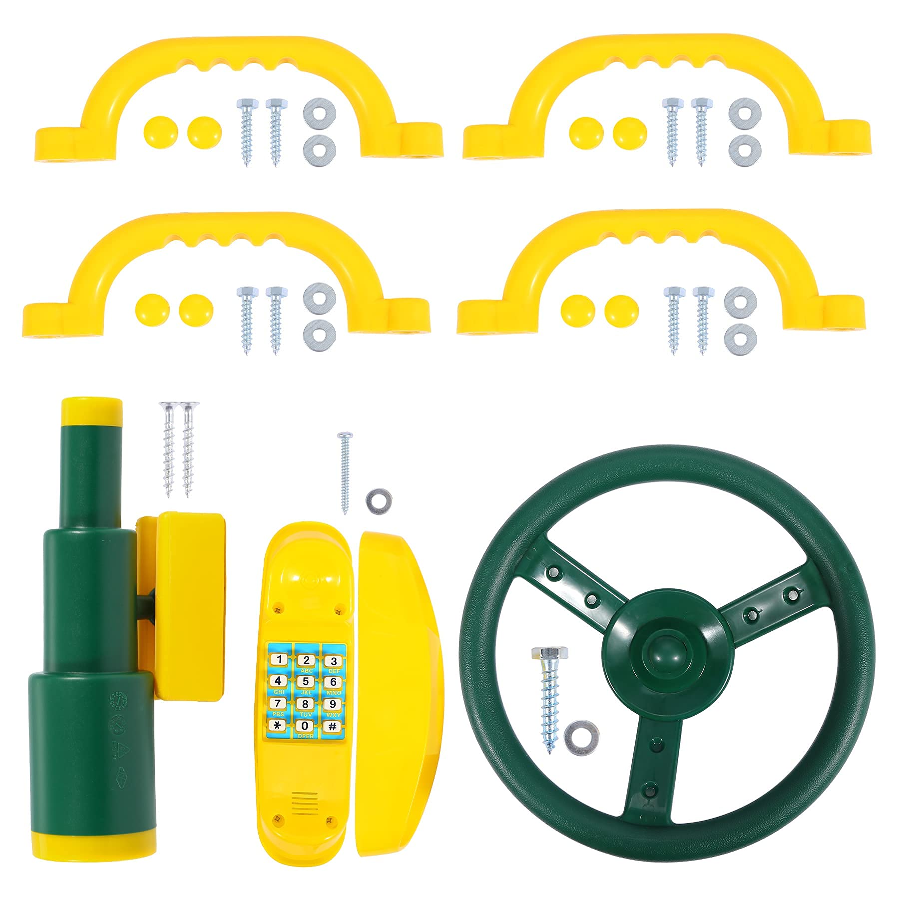 Playground Accessories for Kids, Outdoor Swingset Attachments with Pirate Ship Wheel, Toy Telescope, Telephone and Safety Handles (Yellow and Green)