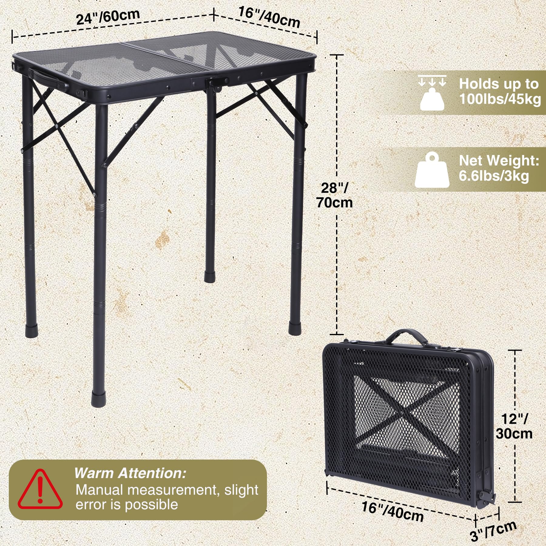 2 Feet Small Folding Grill Table for Outside, 3 Heights Adjustable Portable Metal Outdoor Picnic Table for Camping Travel Cooking BBQ, Black, 24" Lx 16" Wx 27.5" H