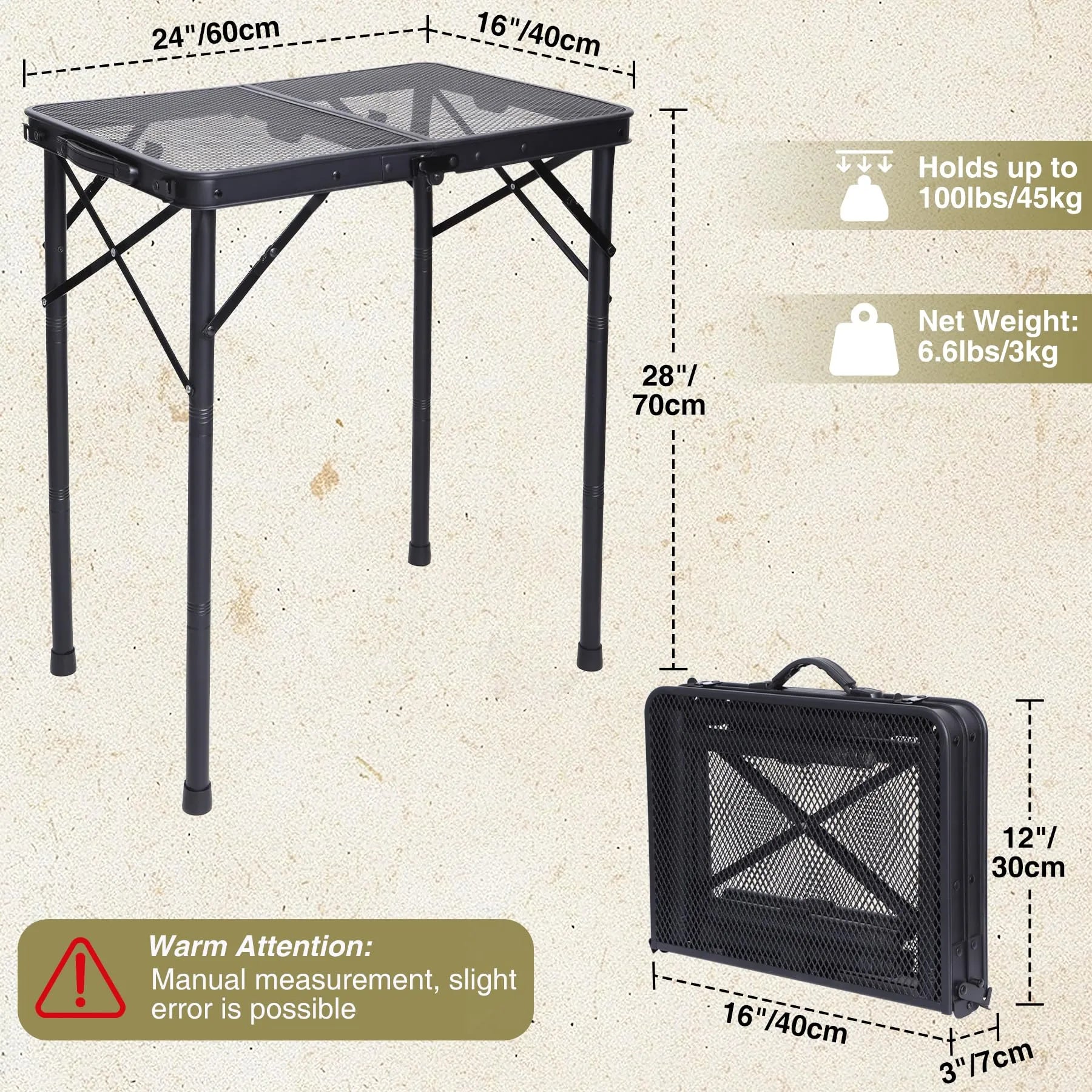2 Feet Small Folding Grill Table for Outside, 3 Heights Adjustable Portable Metal Outdoor Picnic Table for Camping Travel Cooking BBQ, Black, 24