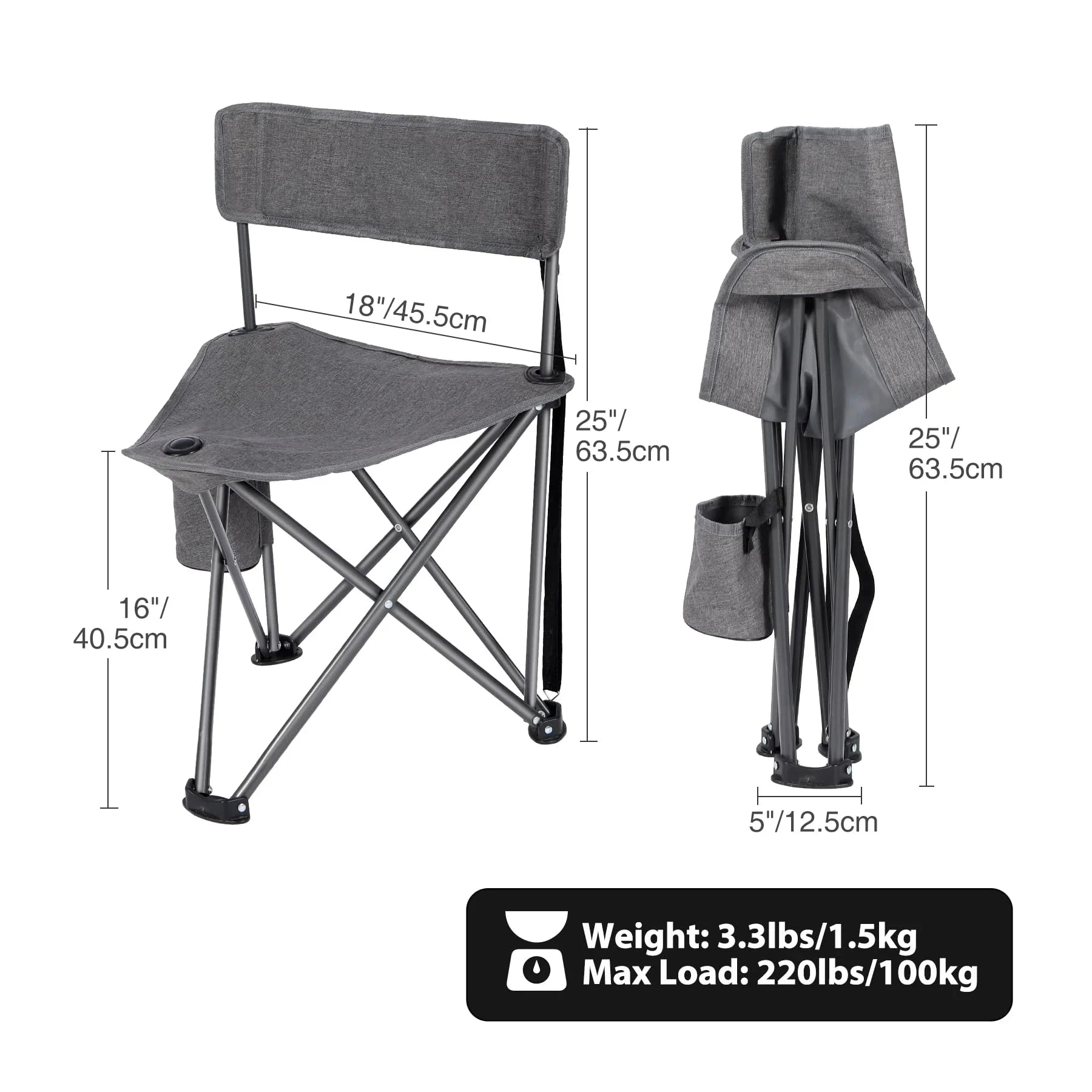 2 Pack Tripod Camping Chairs Folding Lightweight, Portbal 3 Legged Tripod Stool Seat with Cup Holders, Small Fishing Chairs Compact for Adults Golf, Hunting,Dark Grey
