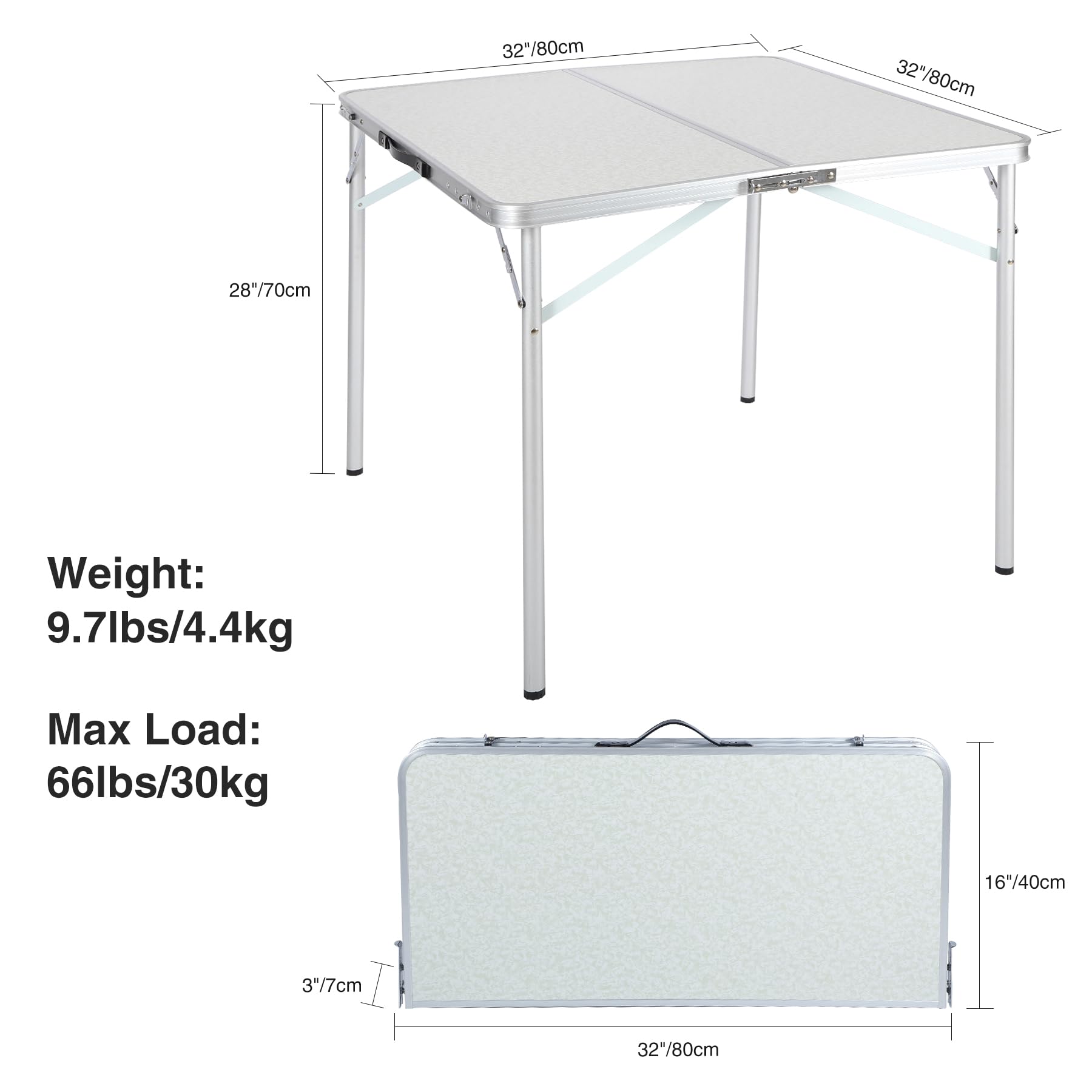 32" Square Folding Camping Table with Adjustable Heights Legs, Lightweight Portable Aluminum Fold in Half Small Card Tables Bridge Tables for Outdoor Picnic, White