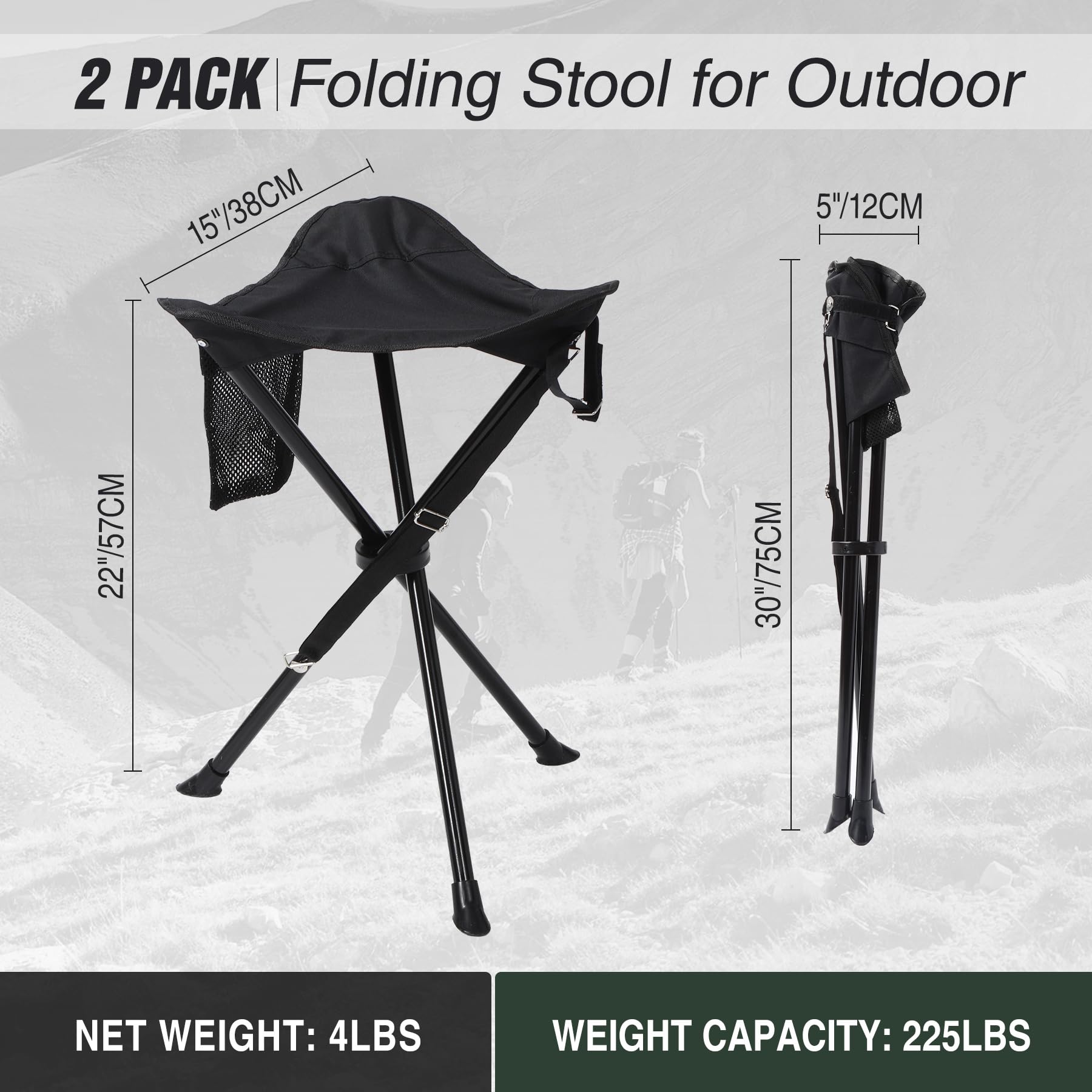 REDCAMP 2-Pack Extra Tall Folding Tripod Stools for Adults – Lightweight Portable Camping, Fishing, Backpacking, and Travel Chairs, Black