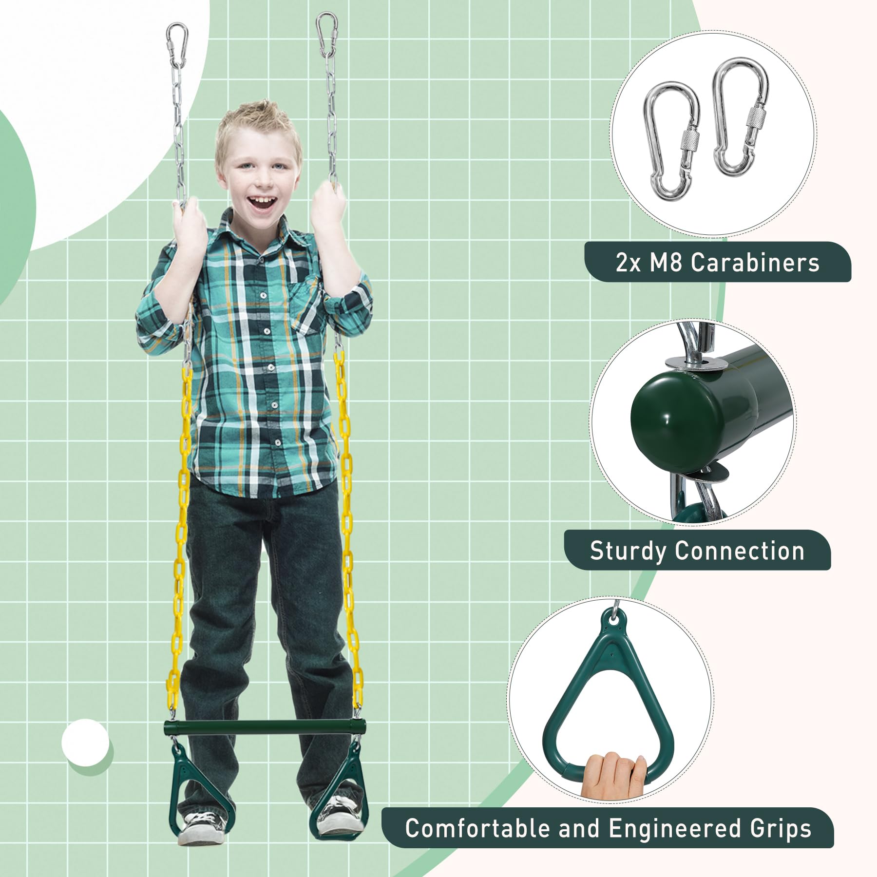 Trapeze Bar for Swing Set Playground, Heavy Duty 18" Trapeze Swing Bar with Rings and Adjustable Chains 47" Long,Yellow and Green