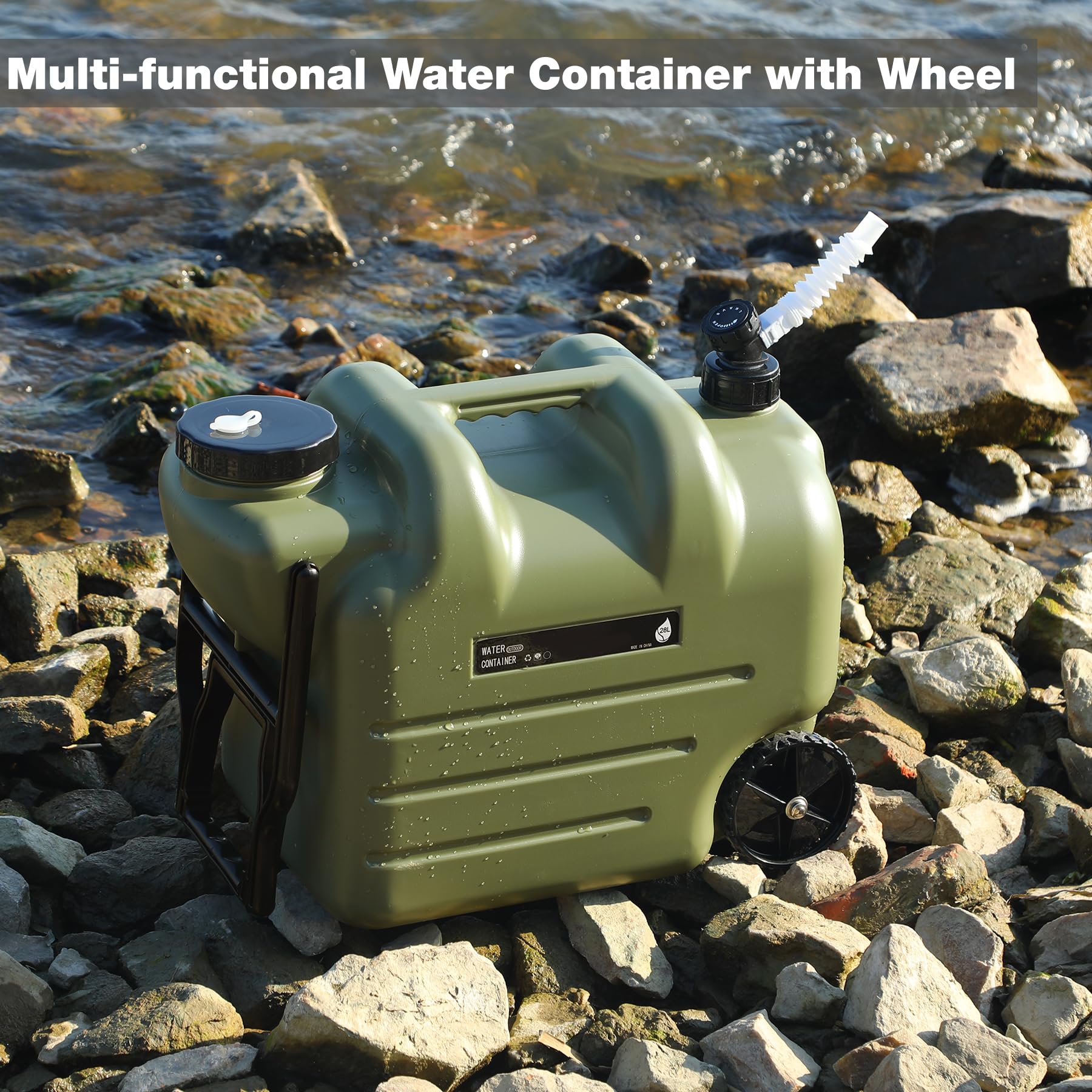 7.4 Gal Water Container with Wheels & Spigot | Portable Rolling Emergency Camping Water Jug with Folding Handle | BPA Free Food Grade Water Storage Tank for Camping, 2 Pack(28L, Green)