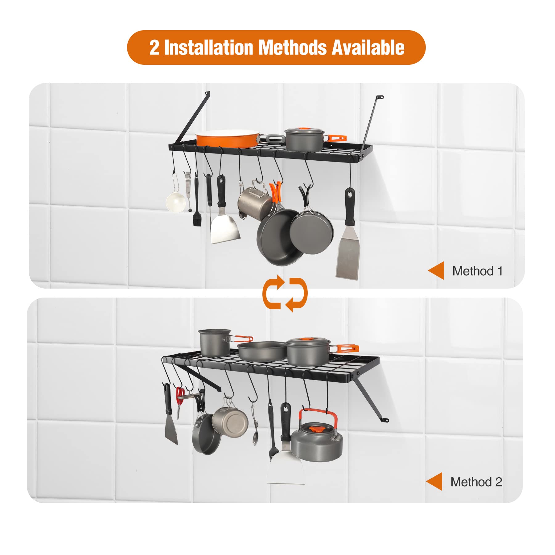 29” Wall Mounted Pot Rack Storage Shelf with 10 Hooks,Kitchen Pots and Pans Hanging Rack Holder for Utensils Cookware Household,Black