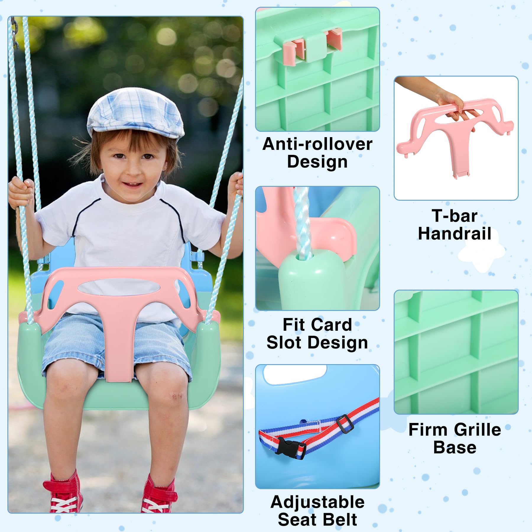 3 in 1 Toddler Swing for Outside Tree,Blue Green Pink