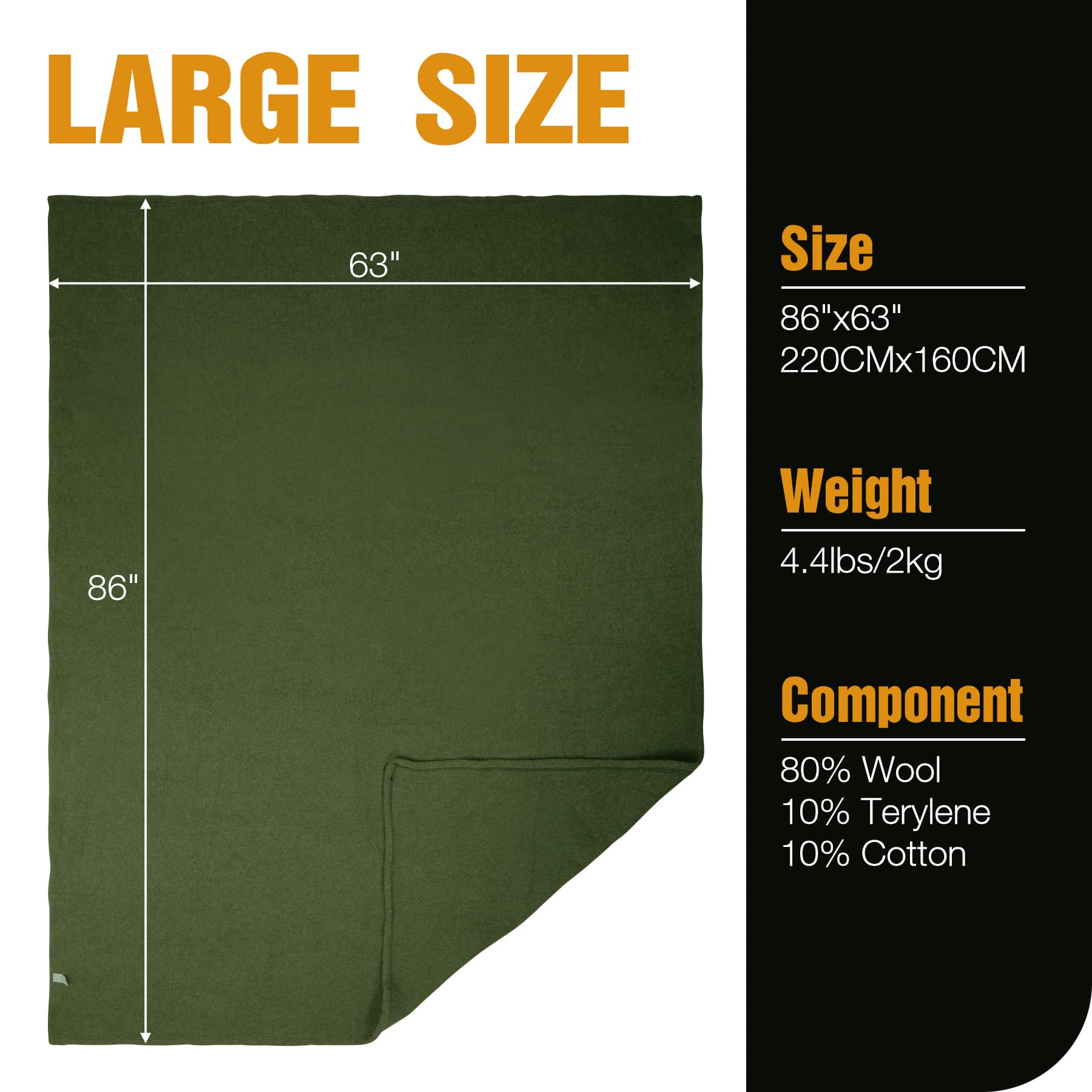 Wool Blanket, Warm and Thick Wool Camping Blanket- Great for Outdoors, Camping, Stadium Blanket, Picnics, Travel and Car, Machine Washable 86"x 63" Green