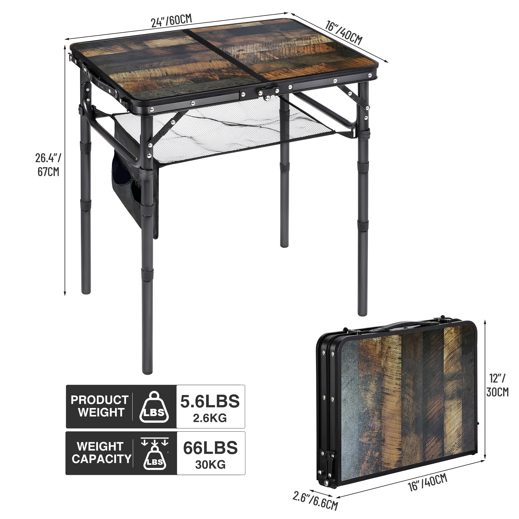 Adjustable Aluminum Folding Table with Side Storage