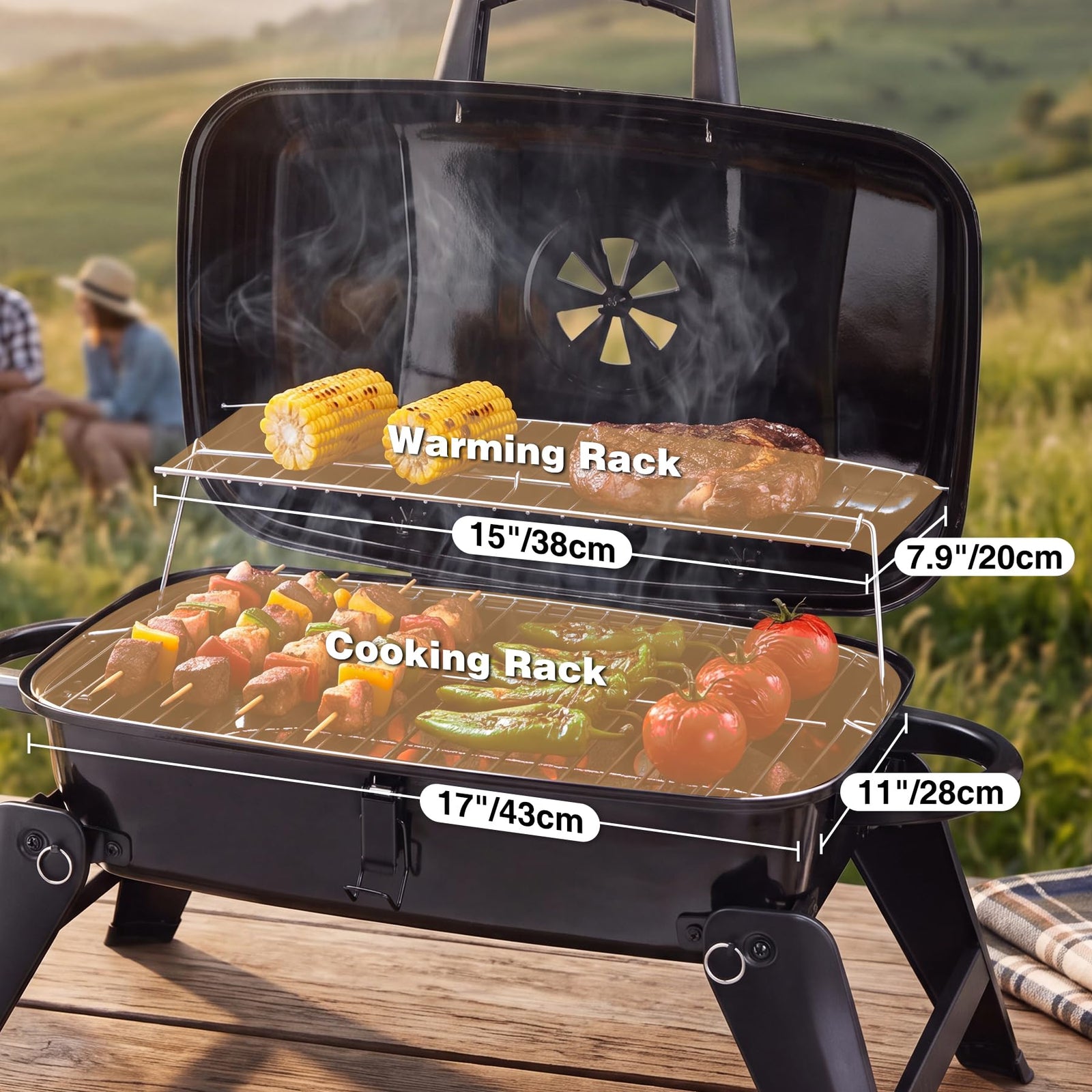 REDCAMP charcoal grill with main cooking rack and upper warming rack