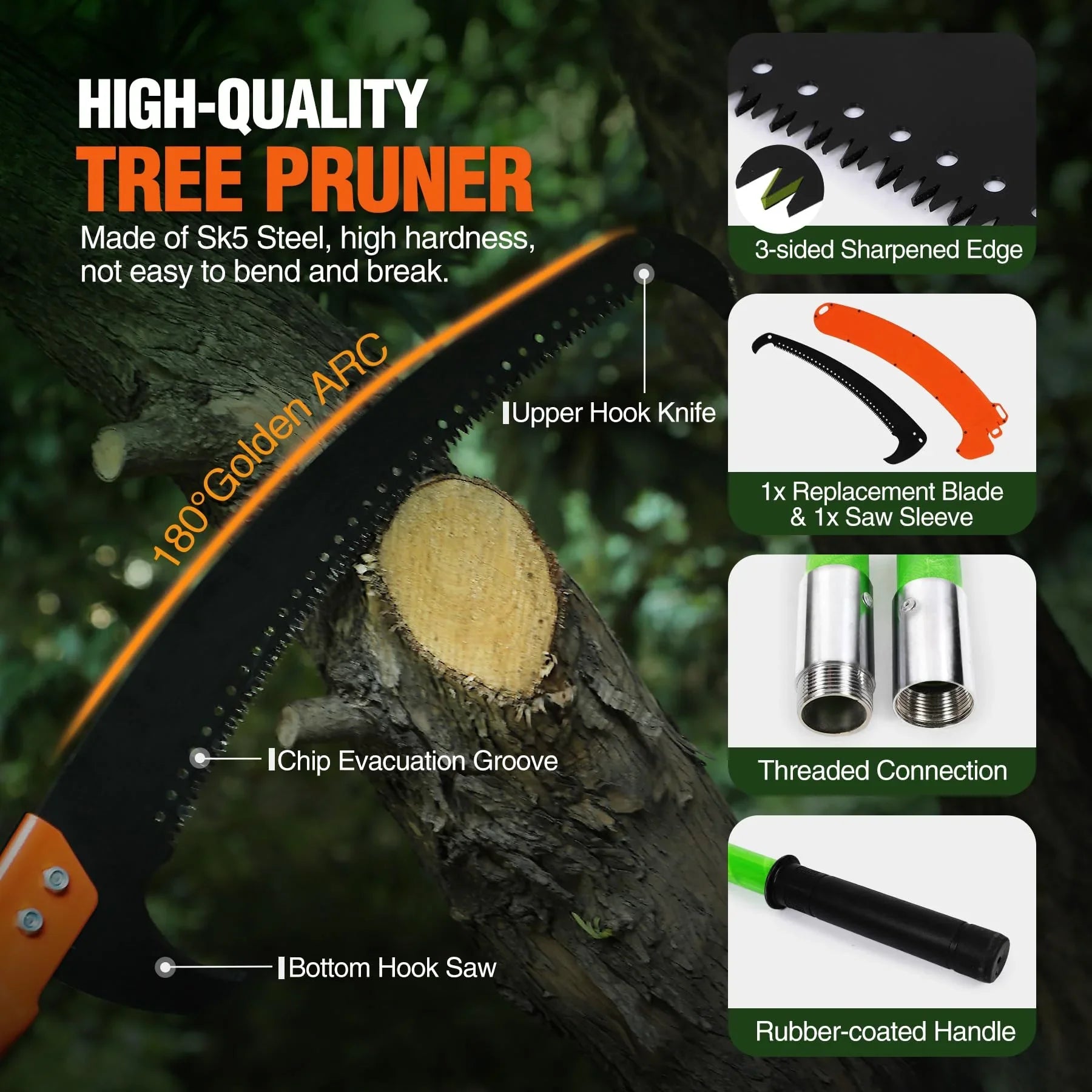 Manual Pole Saw, 27ft Extendable Tree Pruner, Sharp Steel Blade and Scissors High Branches Trimming