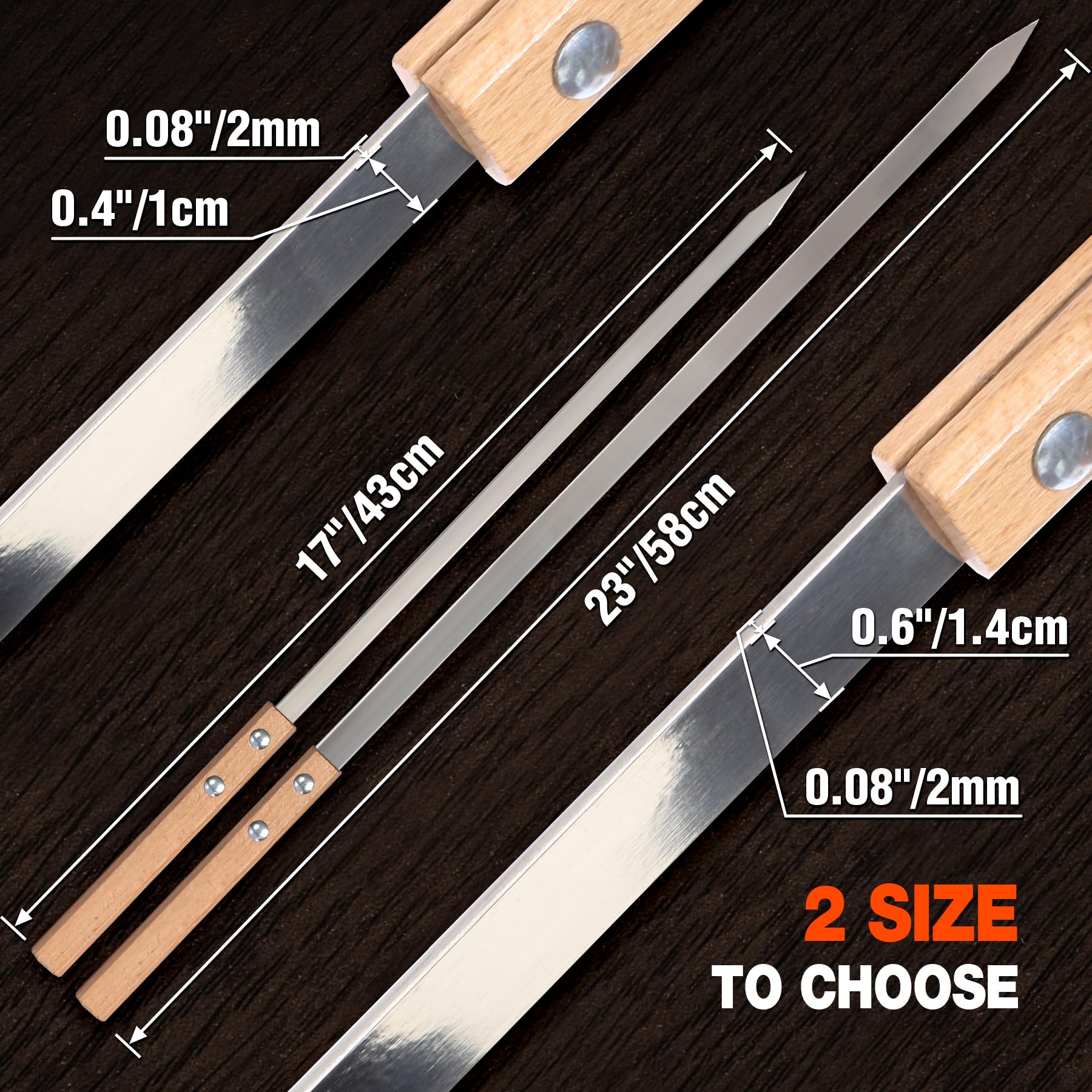 17" Premium Flat Stainless Steel BBQ Skewers with Wooden Handles