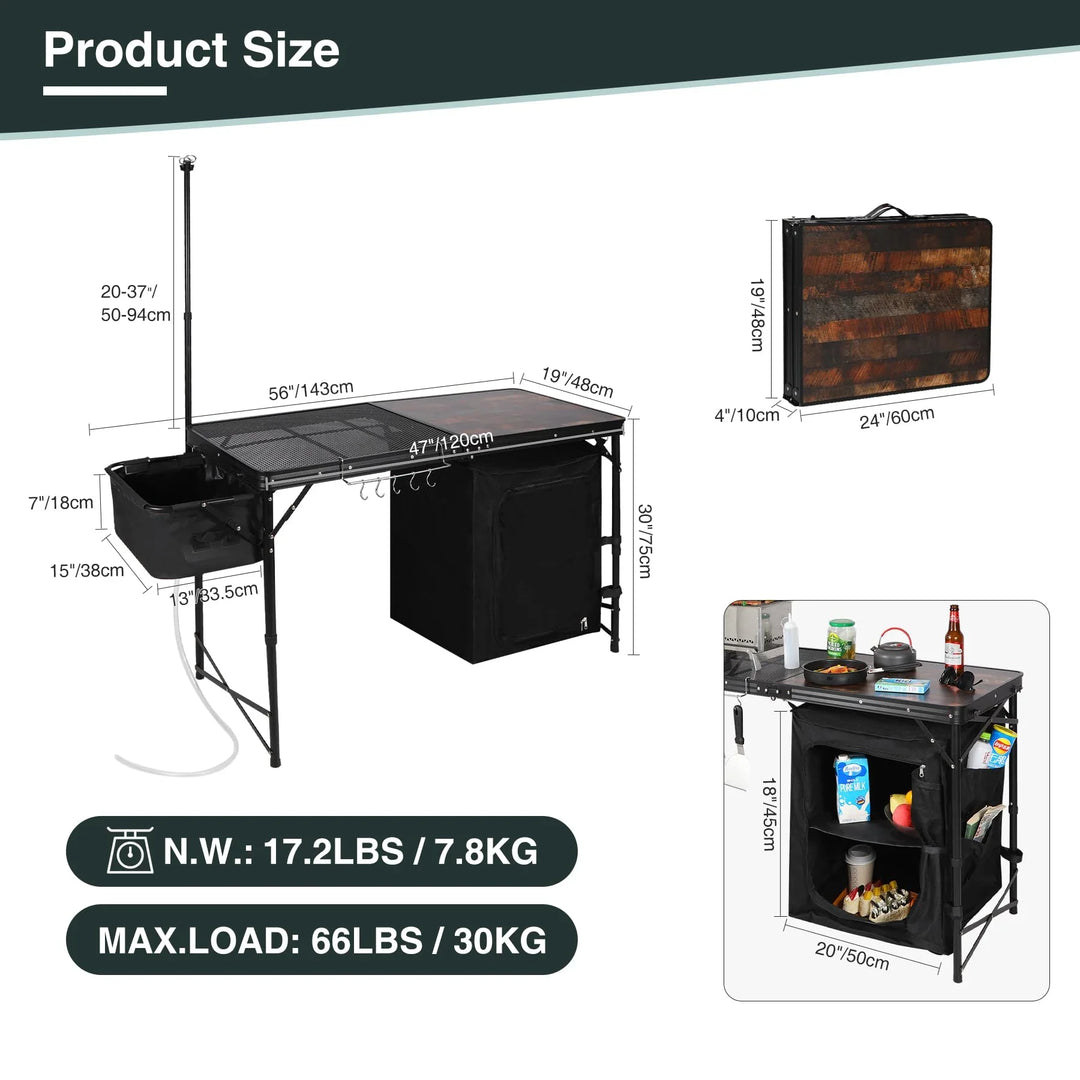 Mesa de cocina portátil para acampar con organizador de almacenamiento para exteriores
