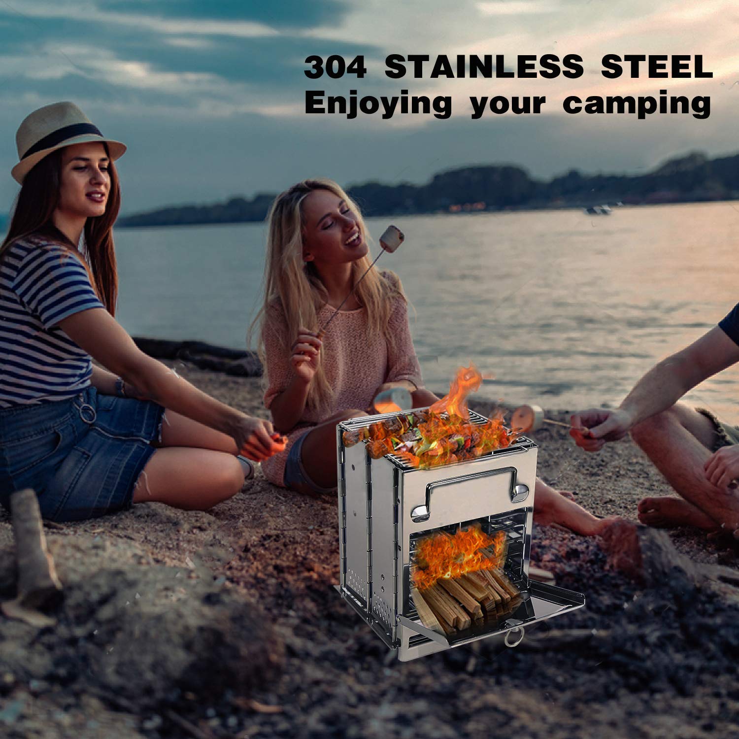 Folding Wood Burning Camping Stove with Grill