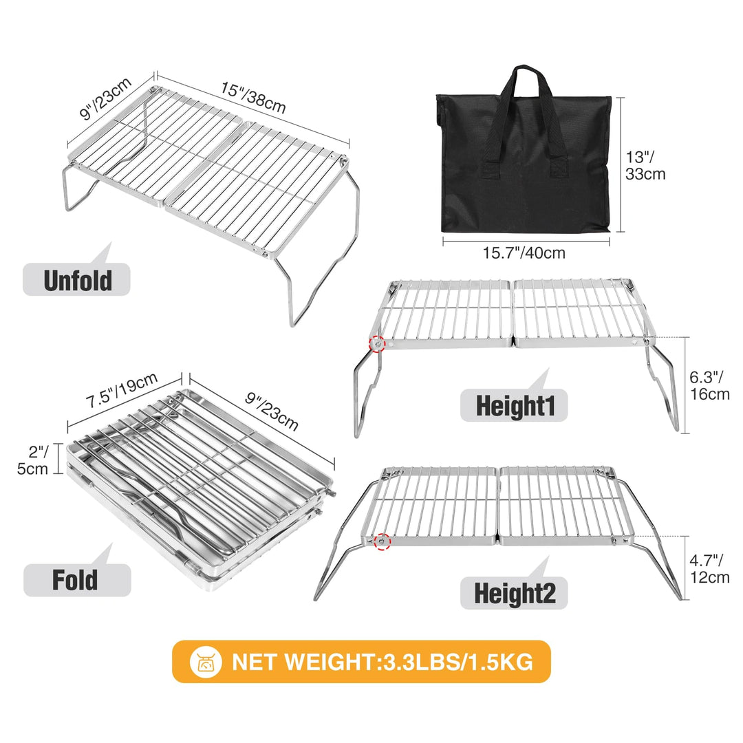 Portable Folding Campfire Grill 304 Stainless Steel Grate with Carrying Bag