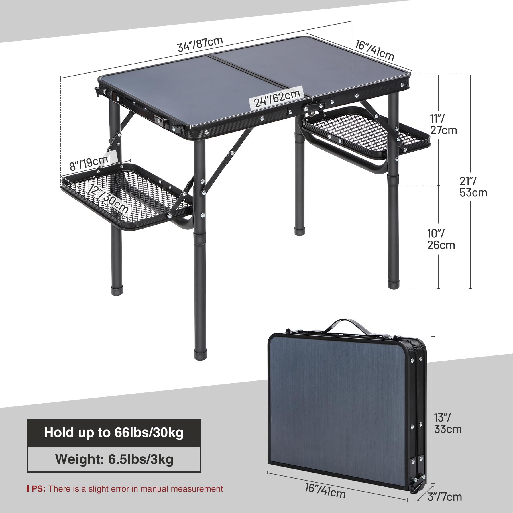 3ft Adjustable Aluminum Camping Table with Side Wings