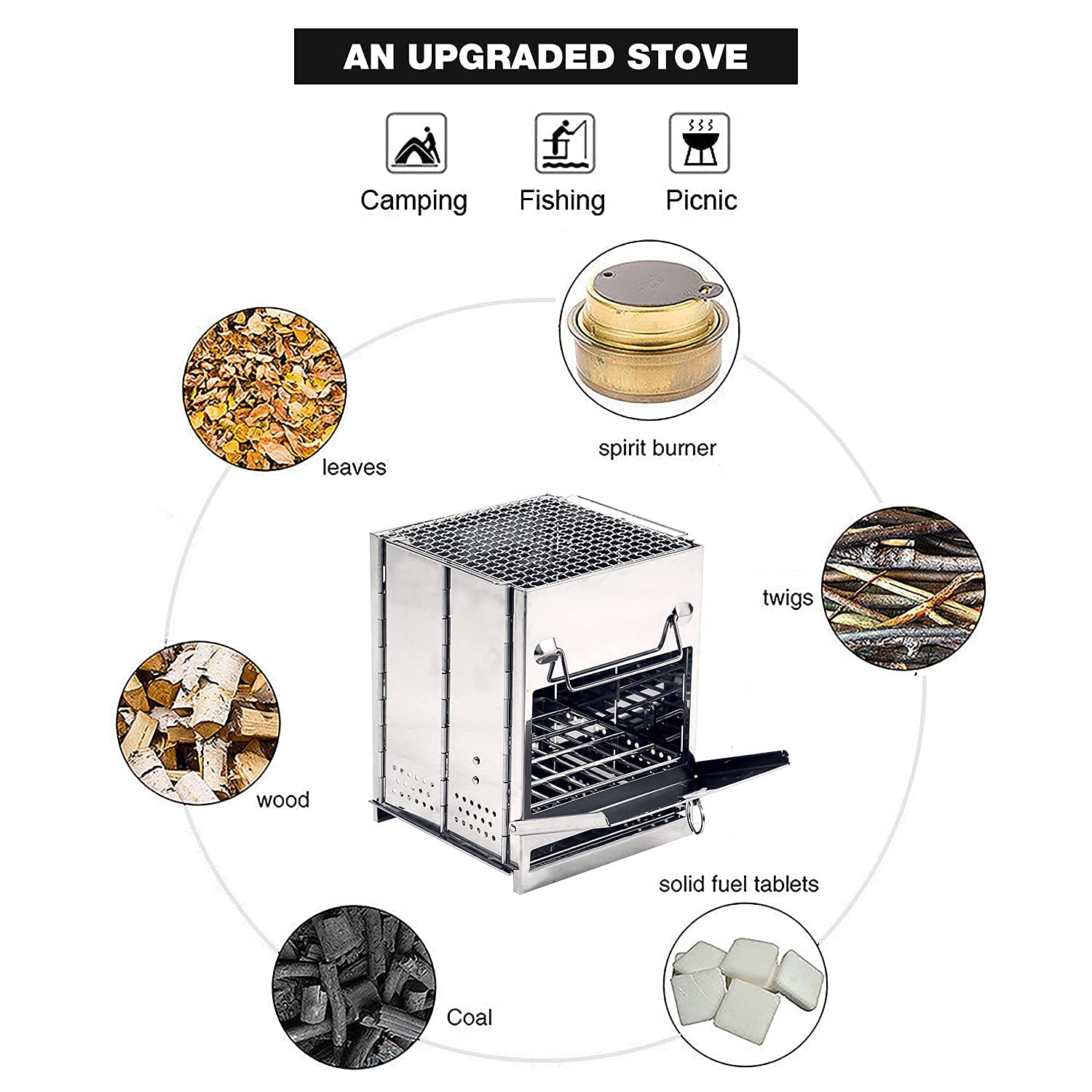 Folding Wood Burning Camping Stove with Grill