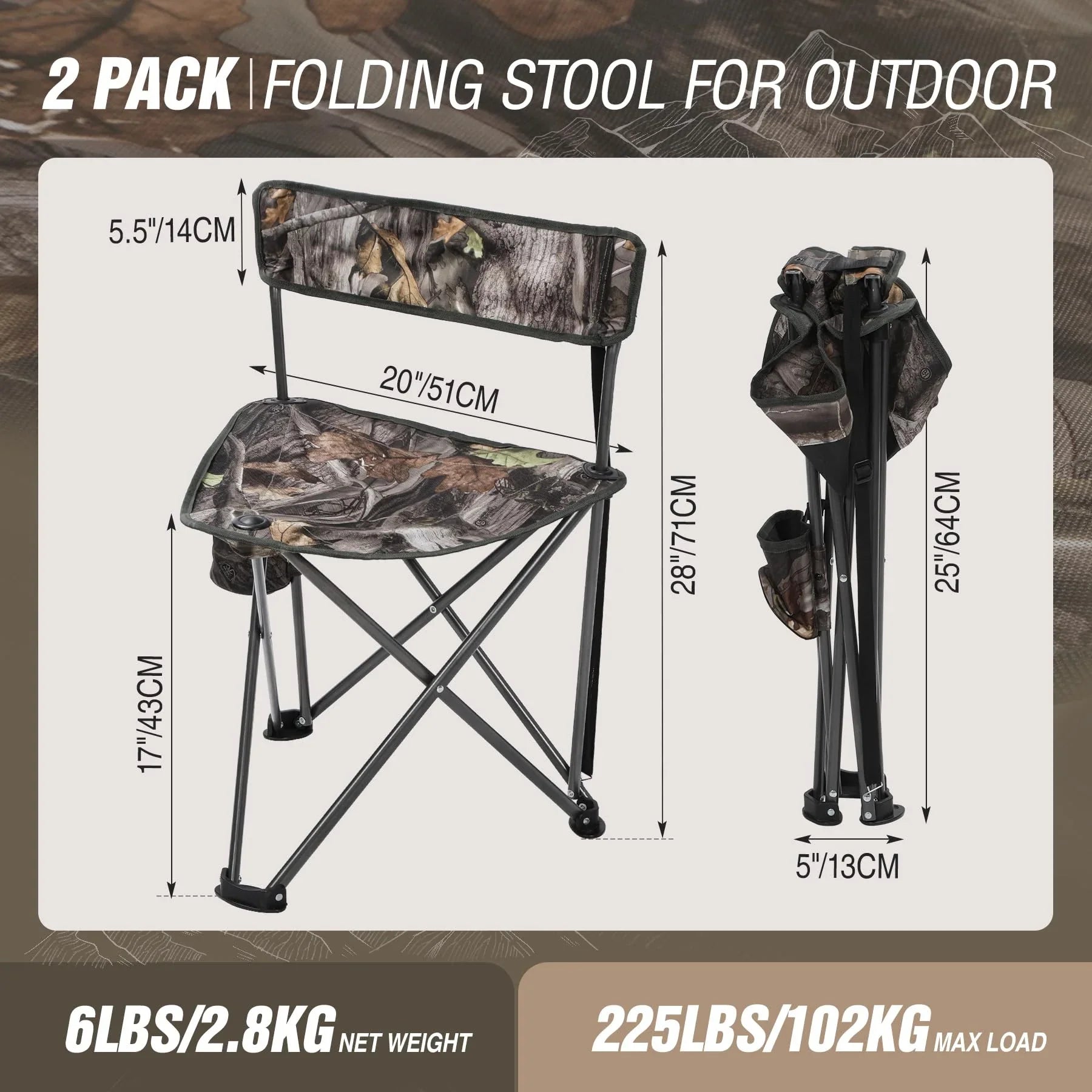 2 Pack Tall Tripod Chairs for Adults, Folding Lightweight Portable Golf Chairs for Spectators, Compact 3 Legged Tripod Stools Seat with Backrest for Camping Fishing Hunting, Camo