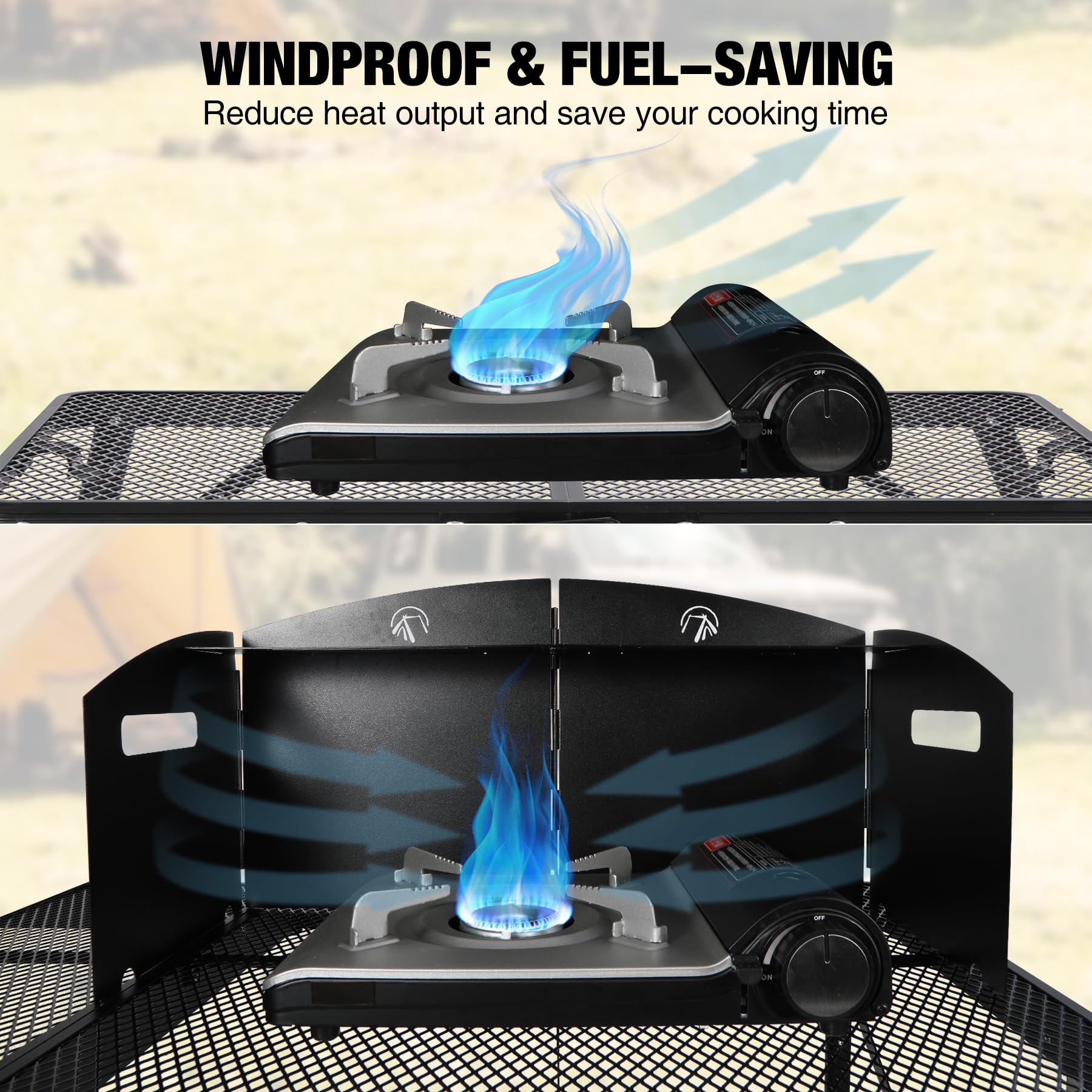 Portable 4 Panel Steel Camping Stove Windscreen, Foldable Windproof Outdoor Gas Stove Windshield with Storage Bag for Camping, Hiking, Backpacking, Picnic, Cooking Black