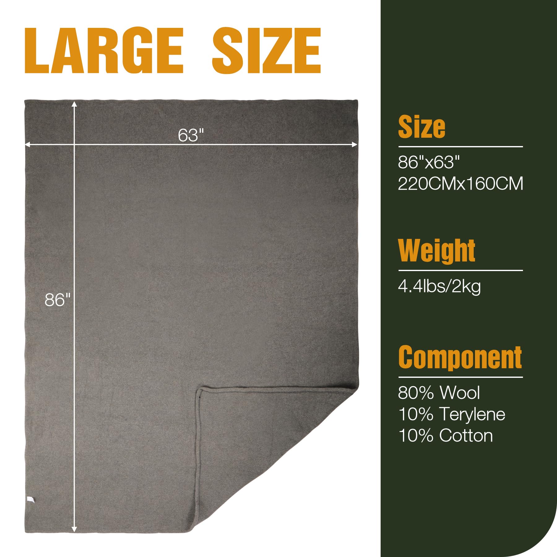 Wool Blanket, Warm and Thick Wool Camping Blanket- Great for Outdoors, Camping, Stadium Blanket, Picnics, Travel and Car, Machine Washable 86"x 63" Grey