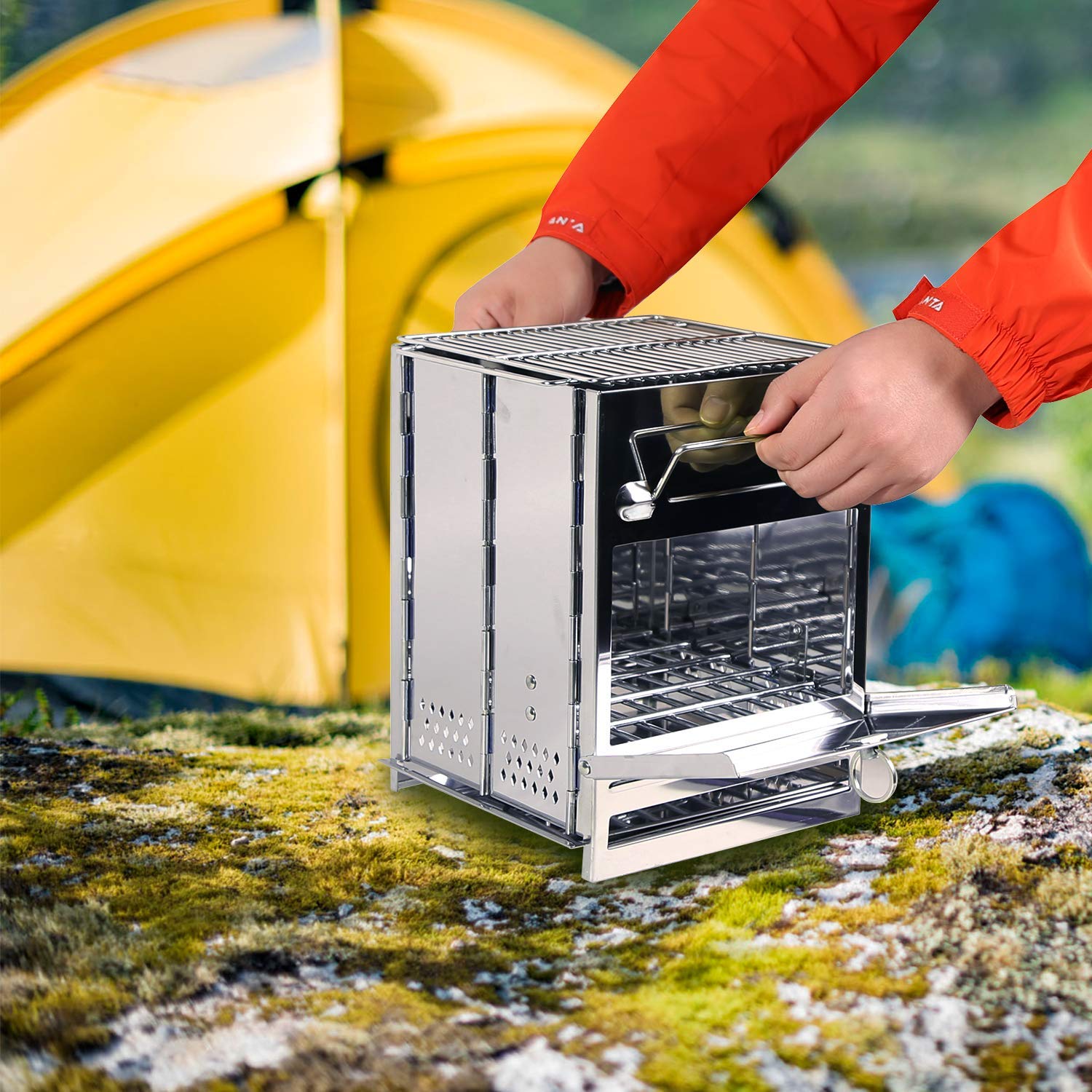 Folding Wood Burning Camping Stove with Grill