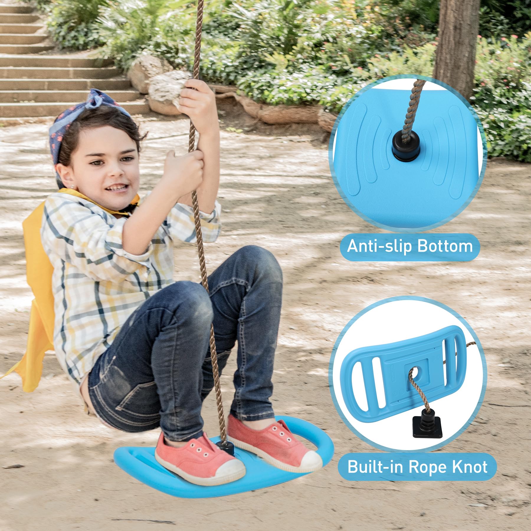 Tree Swing for Kids, 3-in-1 Longboard Climbing Rope Swing, Adjustable Disc Seat and Tangle-Free Rope for Indoor or Outdoor Playground Playset, Up to 600 lbs, Blue