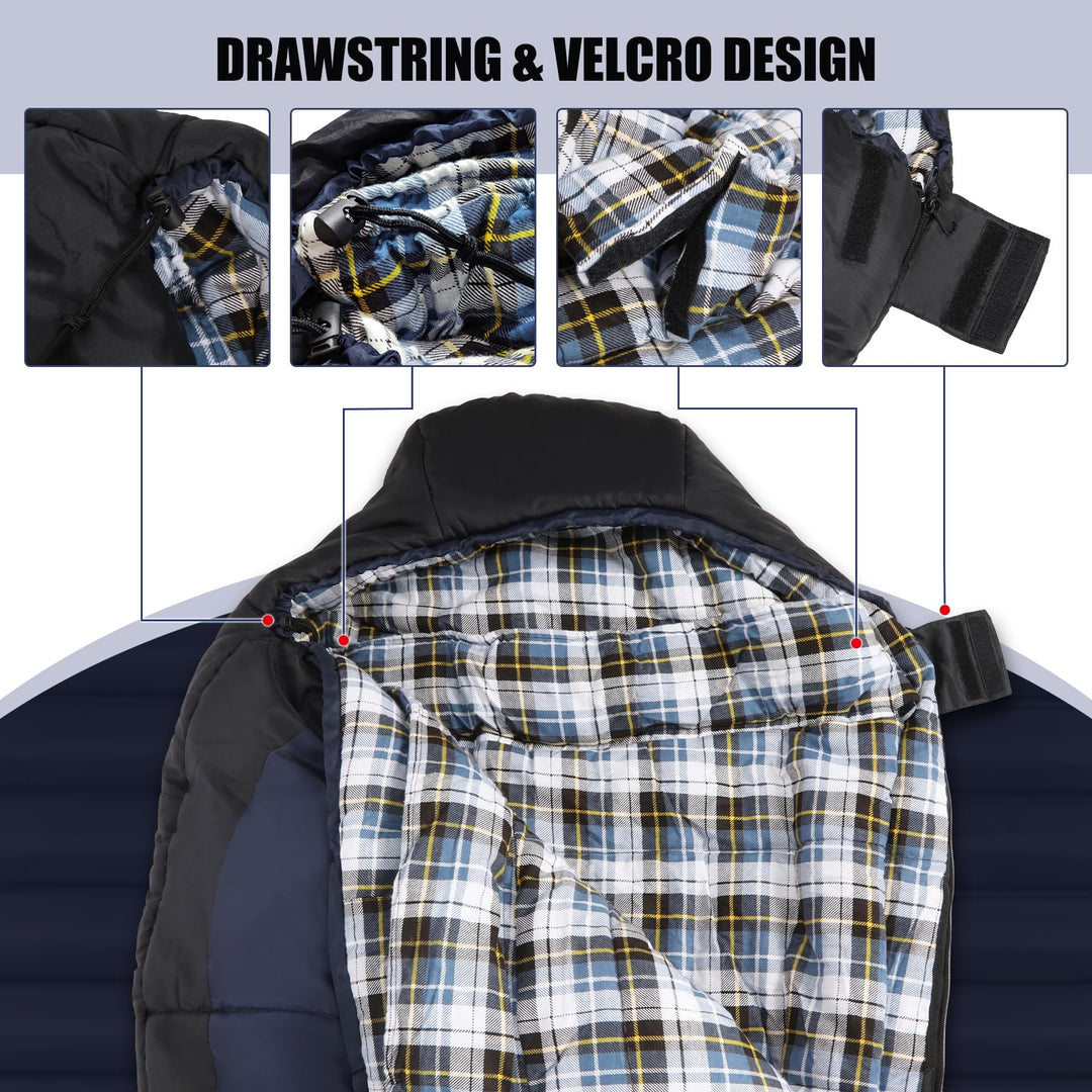 Drawstring hood and hook-and-loop closure details on a flannel-lined sleeping bag