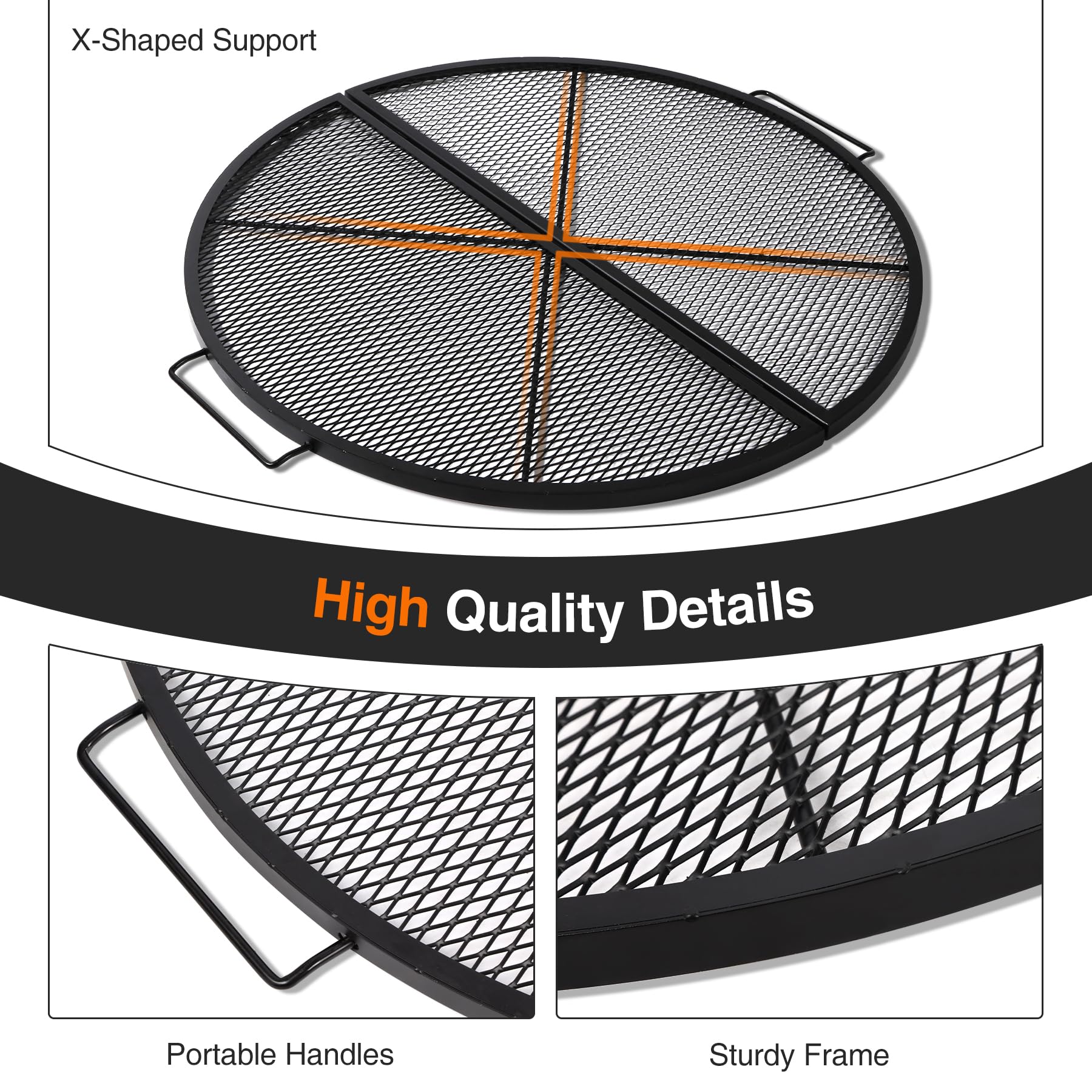 X-Marks Fire Pit Cooking Grill Grates Portable, Heavy Duty Folding Round Campfire Grill Grate, Firepit Grill Grate with Handles for Outdoor BBQ Picnic, Black 24 Inch