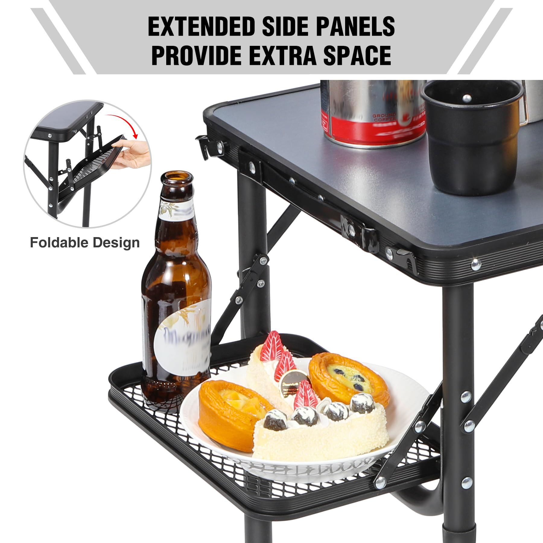 3ft Adjustable Aluminum Camping Table with Side Wings